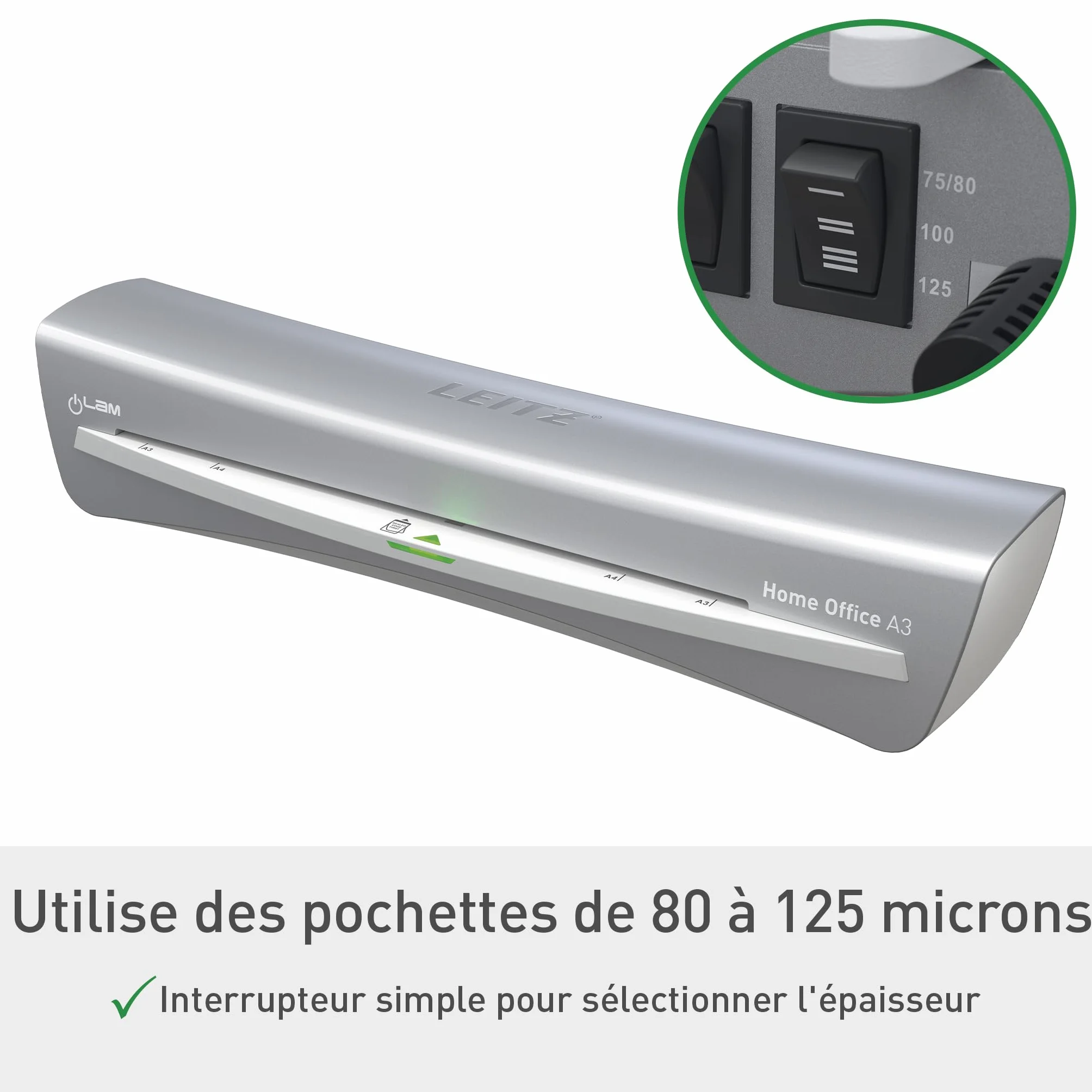 Leitz iLAM Home Office Plastifieuse A3 Préchauffage Rapide 3 Minutes 75-125 Microns Lot Pochettes A4 Inclus Gris