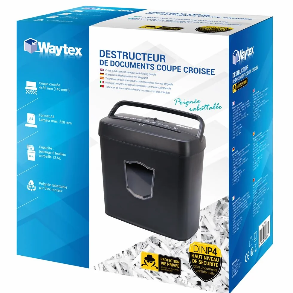 Waytex Destructeur de Documents Coupe Croisée 6 Feuilles bac 12,5 litres