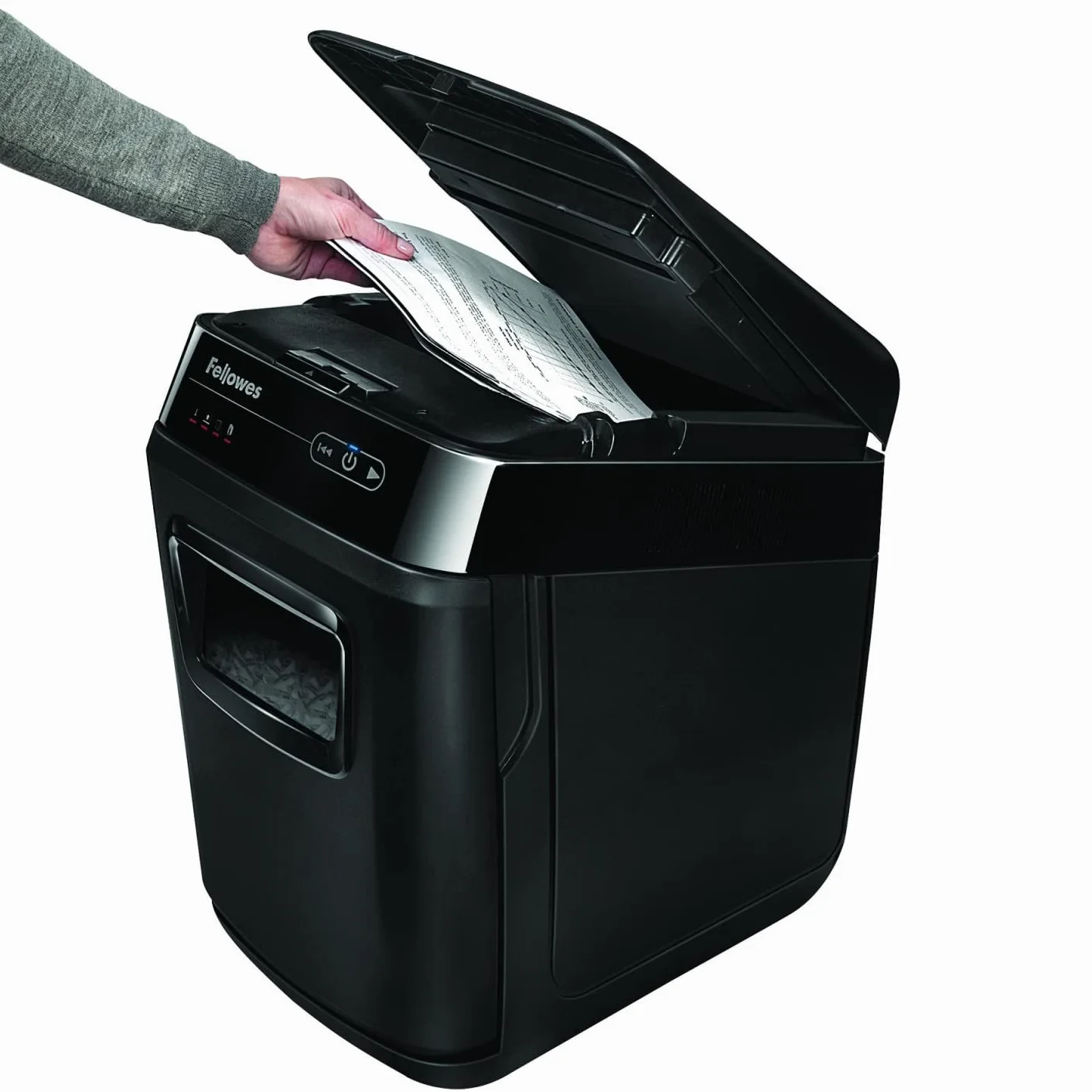 Fellowes Destructeur de Documents Automatique AutoMax 150C, Coupe Croisée, Sécurité DIN P-4, 150 Feuilles, Corbeille 32L, Professionnel, Auto Reverse, Silencieux, Mise en Veille Automatique, 4680101