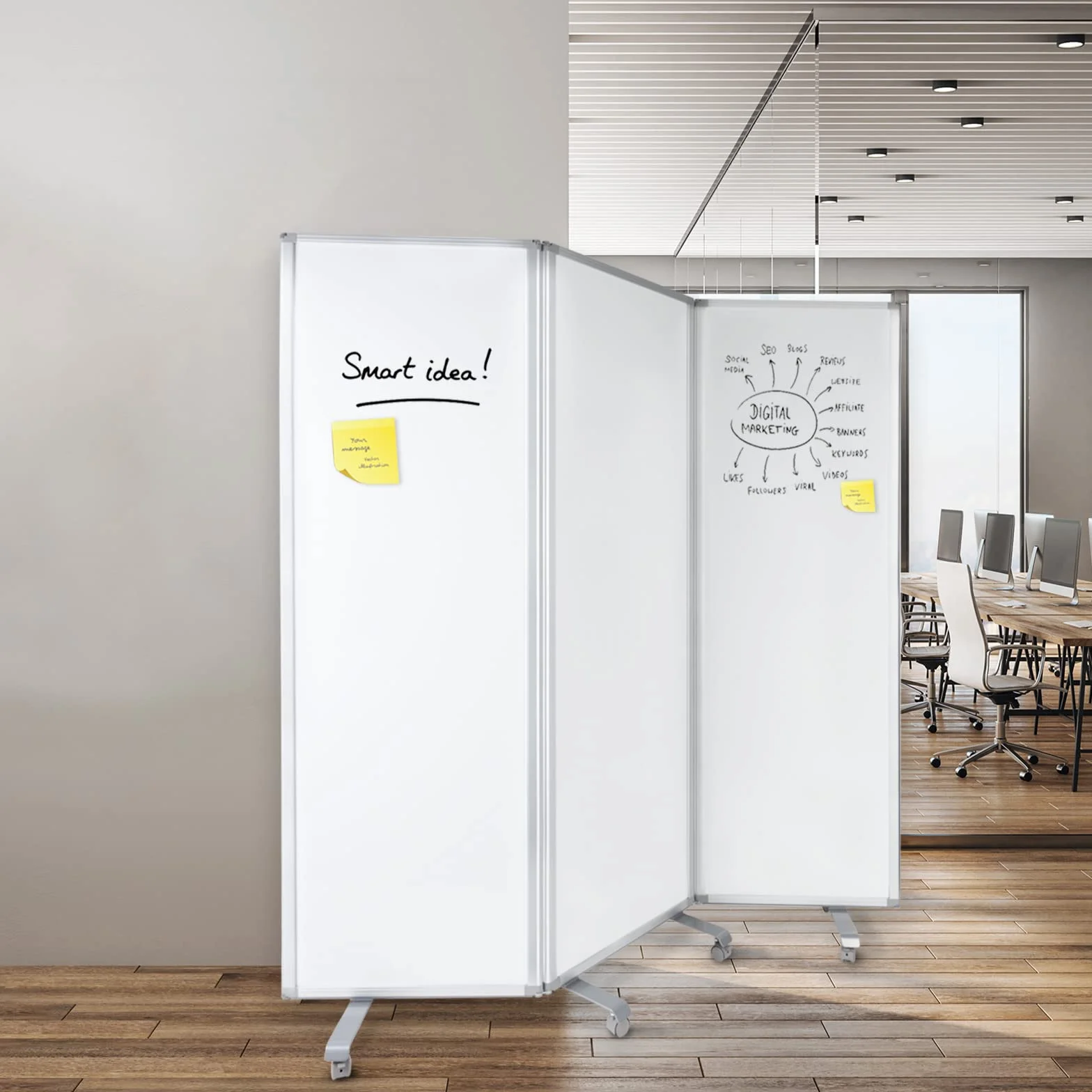 MOB Tableau blanc magnétique et pliable, Tableau aimanté sur pied pour mur de séparation de pièce - Tableau d'affichage avec roulettes verrouillables - Utilisable double face (180 x 180 cm)