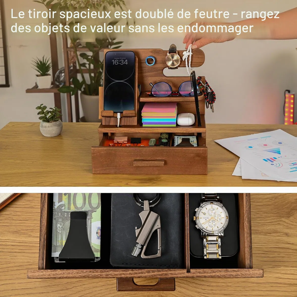 TESLYAR Station d'accueil pour téléphone en bois avec tiroir, organisateur de table de chevet, organisateur de bureau pour mari, cadeau d'anniversaire pour homme, papa, idée d'anniversaire, porte-clés