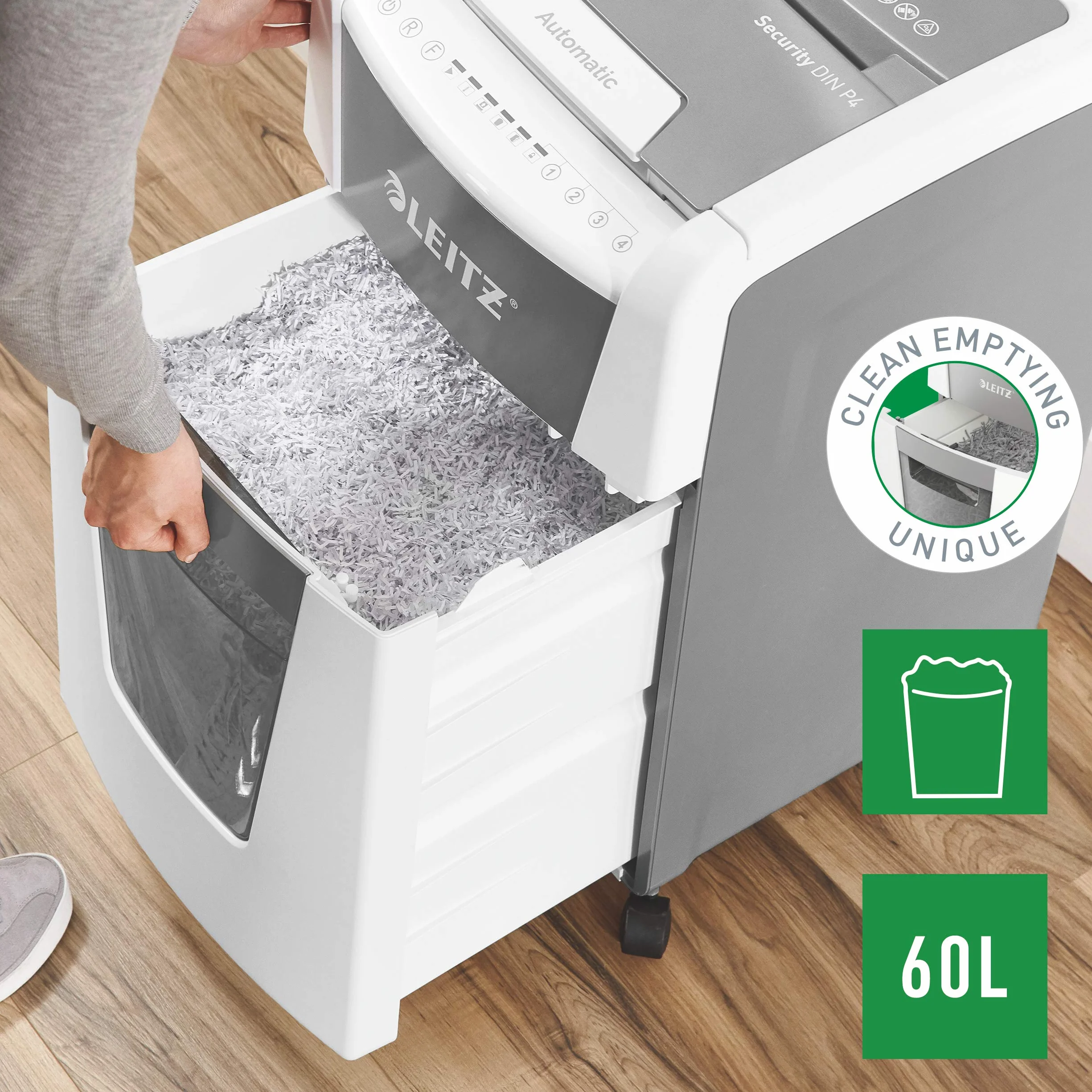 Leitz IQ 80150000 Destructeur de Documents Coupe Croisée Sécurité P4 Automatique 300 Feuilles 60 Litres Blanc