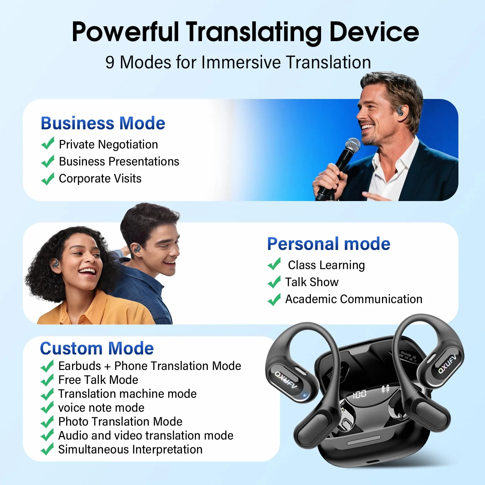 AI Écouteur Traducteur Instantané 164 Langues, Conduction Osseuse Intelligent Ambiant, IPX7 Étanche, 60H Autonomie, 4 en 1 Open-Ear
