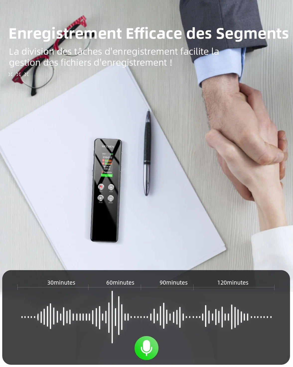 MECHEN V01 Dictaphone 128 Go enregistreur vocal VOX réduction bruit 300 mAh