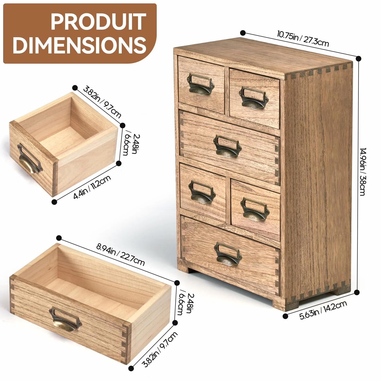 KIRIGEN Boîte de rangement en bois massif 4 étages Organisateur de bureau tiroir multifonctionnel brun