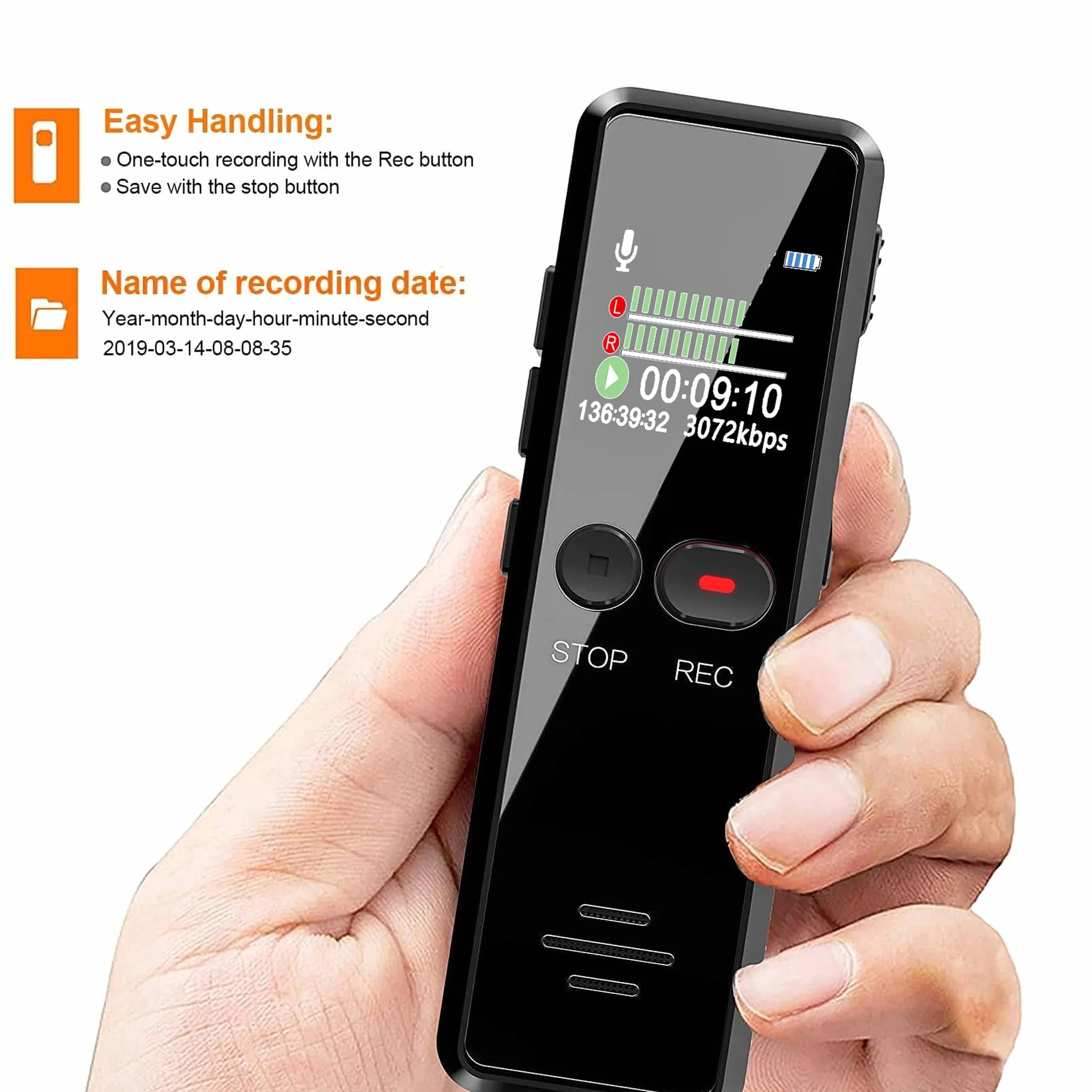 Enregistreur Vocal Numérique 8G, Dictaphone Audio 1536Kbps HD Activation Vocale Lecteur MP3 USB