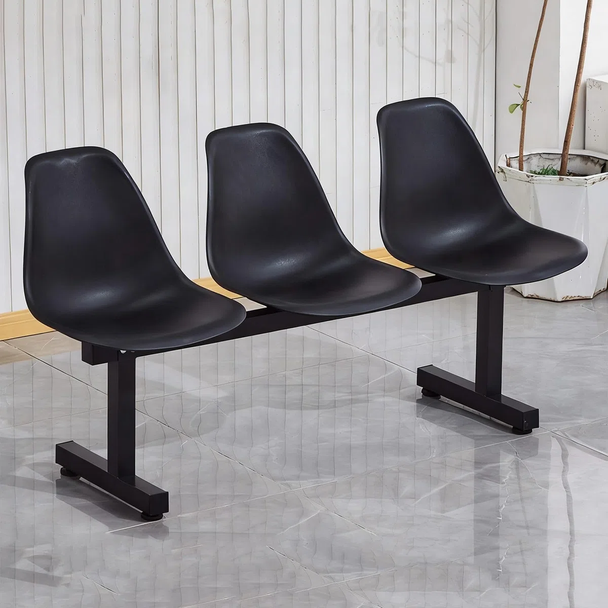 Banc de Salle D'attente 3 Places, Banc avec Structure Métallique en Plastique, Chaises sur Poutre pour Salle D'attente, Aéroports, Hôpitaux, Stades, Banques(Black)