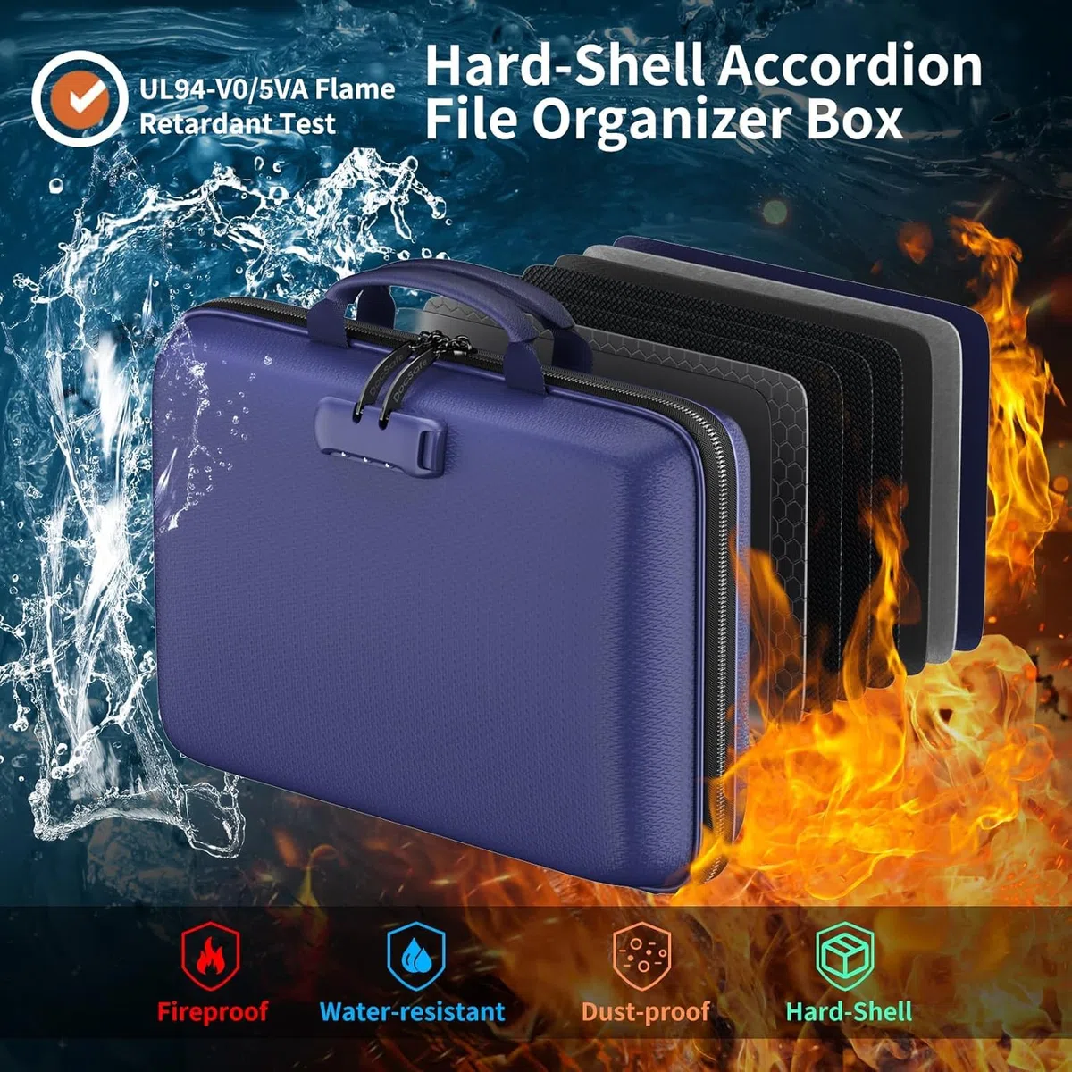 DocSafe Organiseur de fichiers ignifuge avec serrure, boîte à documents à coque rigide, classeur à 13 poches extensibles, organisateur de documents portable et imperméable, classeur de classement pour