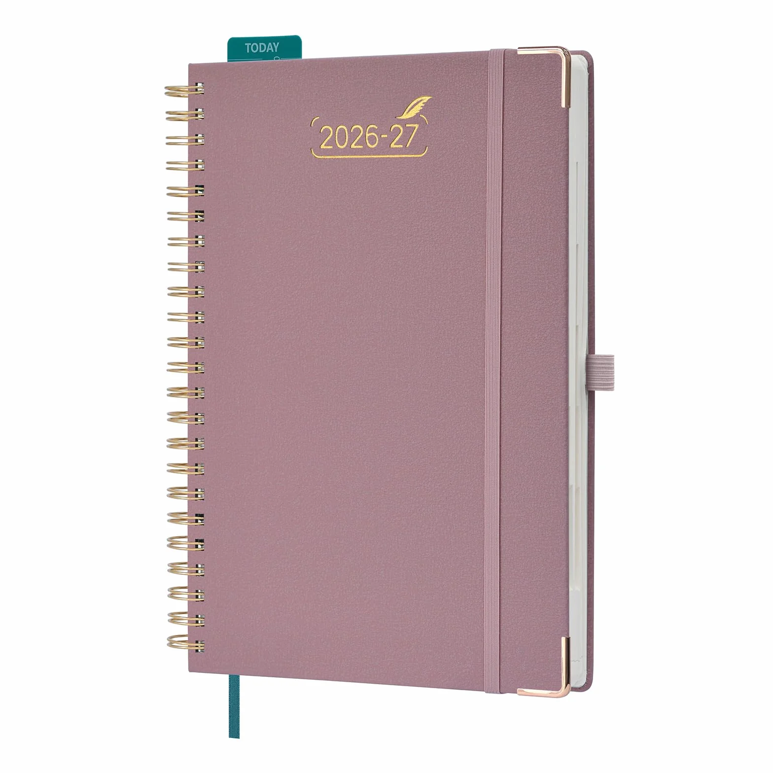 BEZEND Agenda Scolaire 2026-2027 A4 Journalier Spirale 28x22 cm 12 Mois Protège-coins Métal Dorés Couverture Rigide Cuir PU Rose
