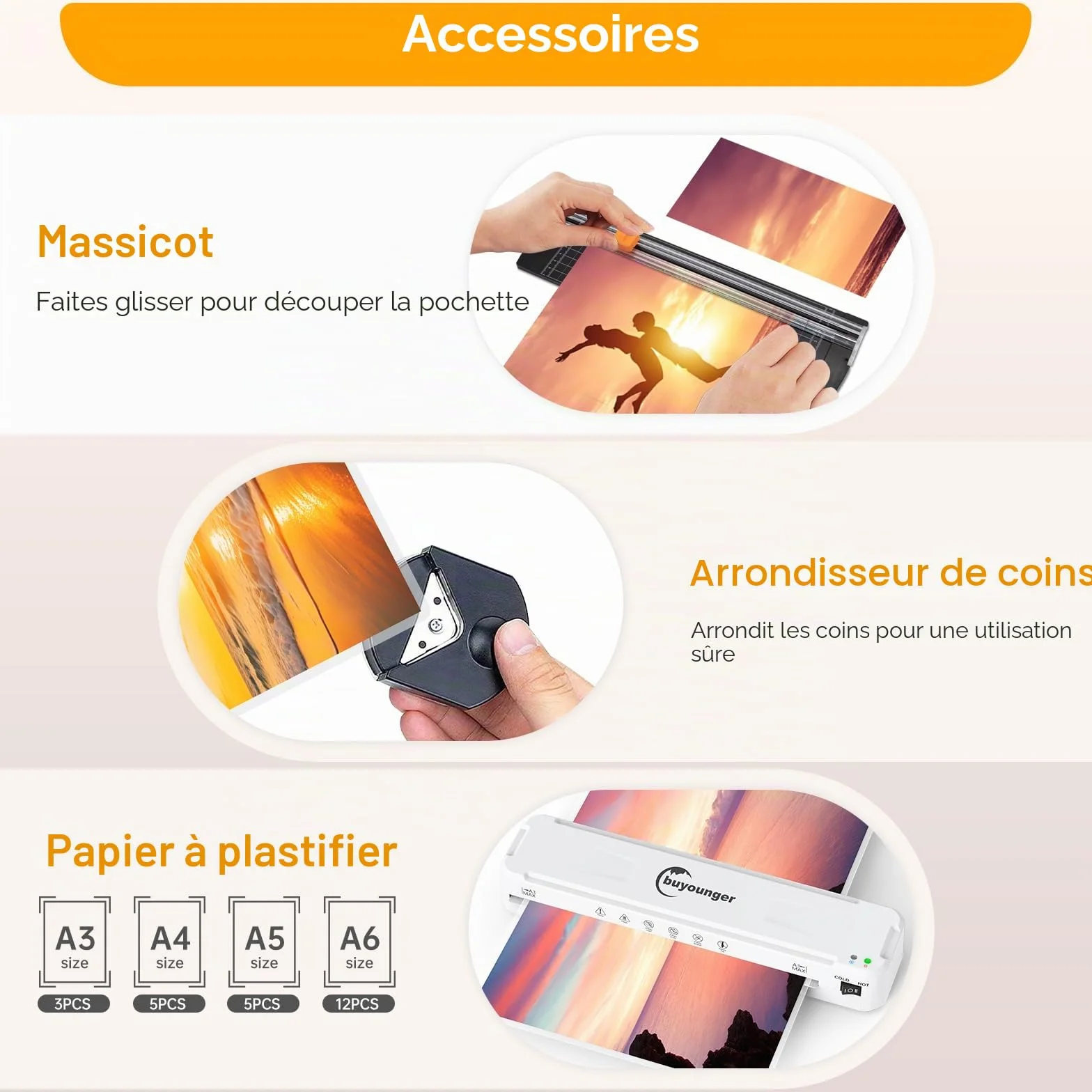 Plastifieuse A3 Chaud Froid 5 en 1 avec Coupe-papier Arrondisseur d'angle, 30 Pochettes A4/A3/A5/A6, Bureau Maison École