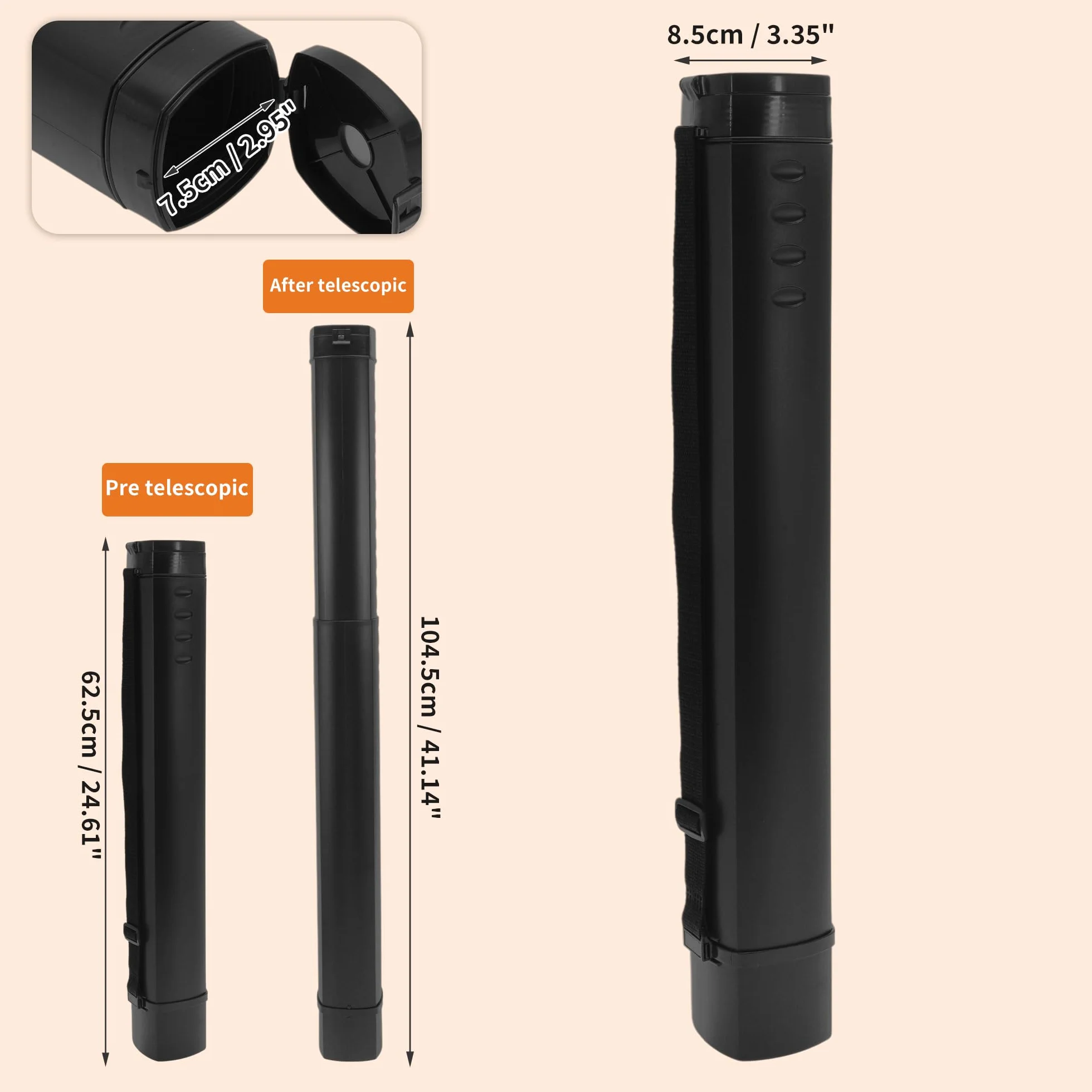 Tube À Affiche Extensible Rouleau à Poster Télescopique 62,5-104,5 cm Imperméable Noir avec Bandoulière