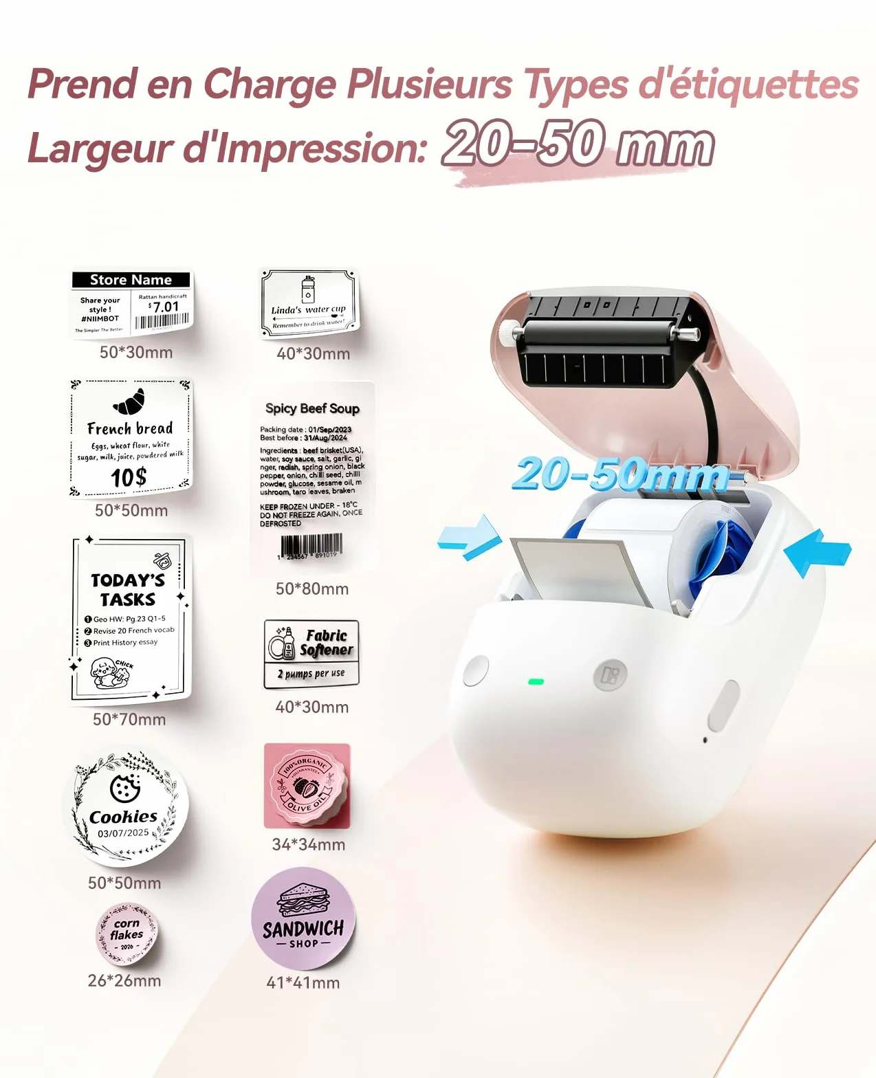 NIIMBOT B2 Étiqueteuse Portable Thermique sans Encre, Impression Hors Ligne, 50x30mm, Beige Abricot