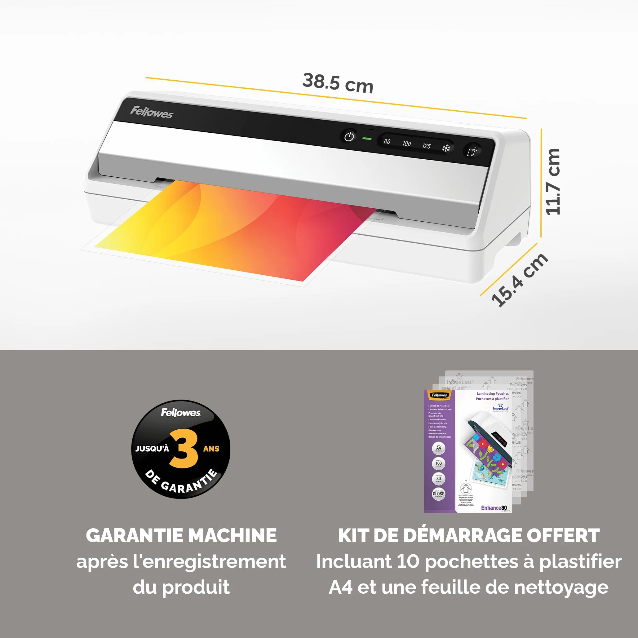 Fellowes Plastifieuse Saturn 3I A4 30cm/min 80-125 microns 3 réglages de température Gris Clair/Noir