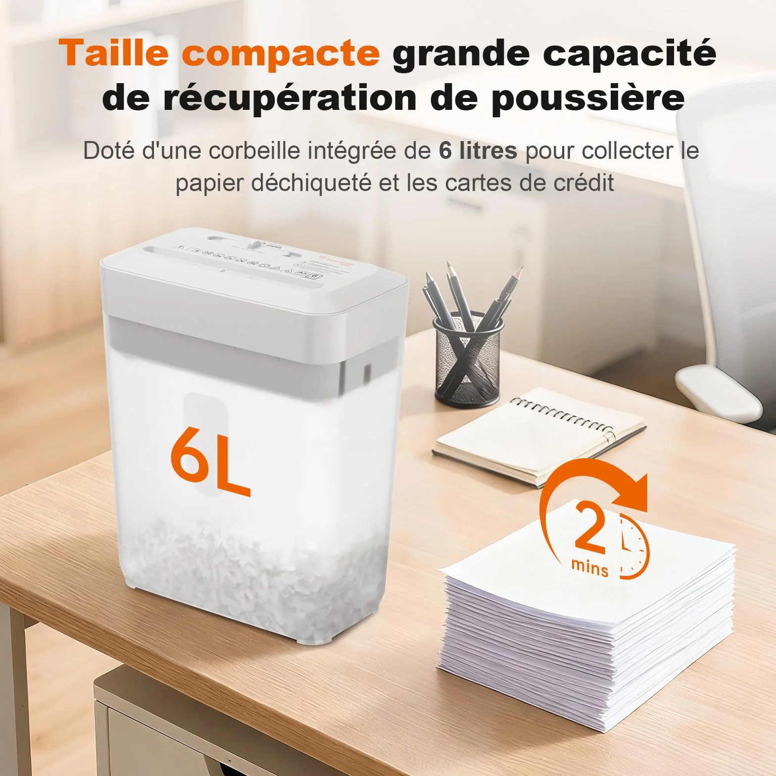 Bonsaii Destructeur de Documents Coupe Croisée 6 Feuilles A5 Haute Sécurité P-4 Bac 6L C292-A