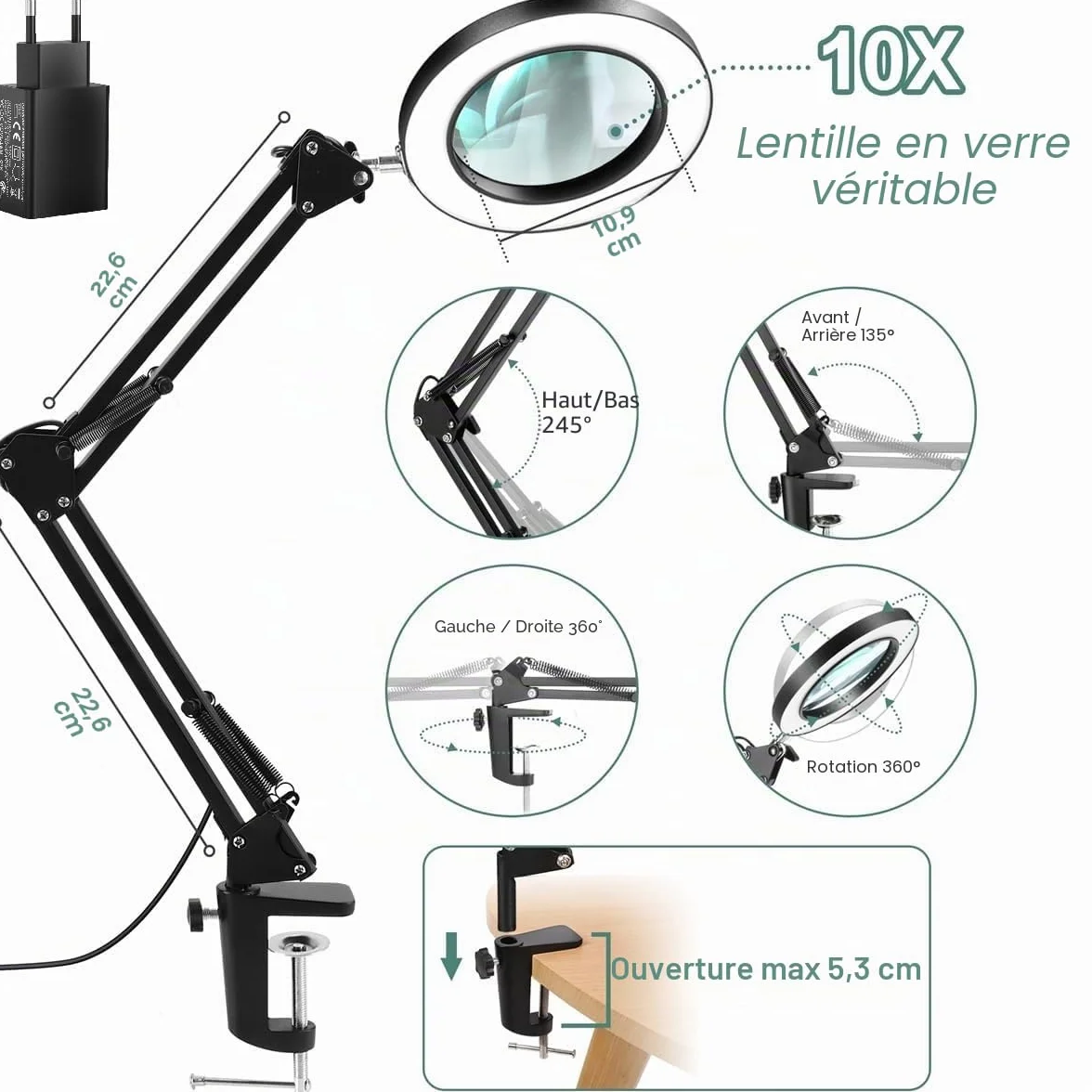 Lampe Loupe de Bureau avec LED 10X, Bras Pivotant Réglable, Pince Métal, 3 Modes Couleur, 10 Niveaux Luminosité