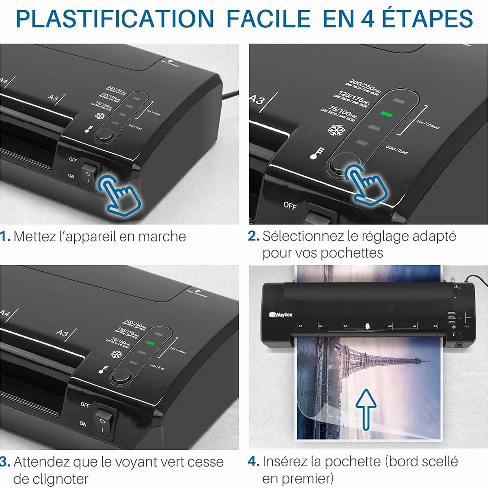 Waytex Plastifieuse A3 A4 A5 A6 Pro Ultra Rapide Plastification à Chaud et à Froid 2x250 microns Température Réglable