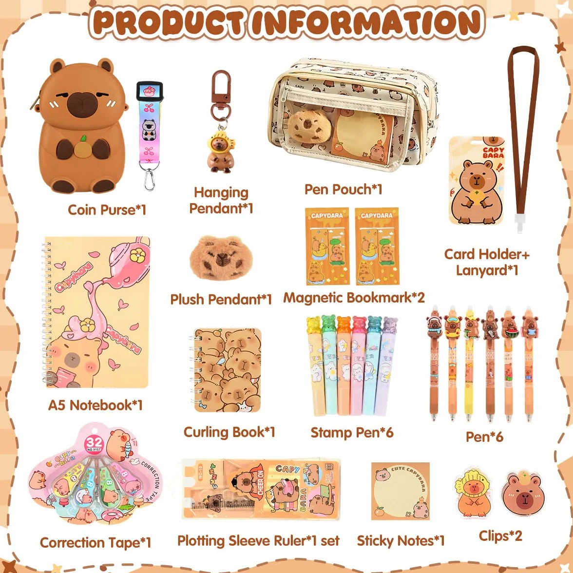 Papeterie Capybara Trousse Grande Capacité Stylo Effacables Carnets Notes Règle Dessin Signets Porte-Monnaie Fourniture Scolaire