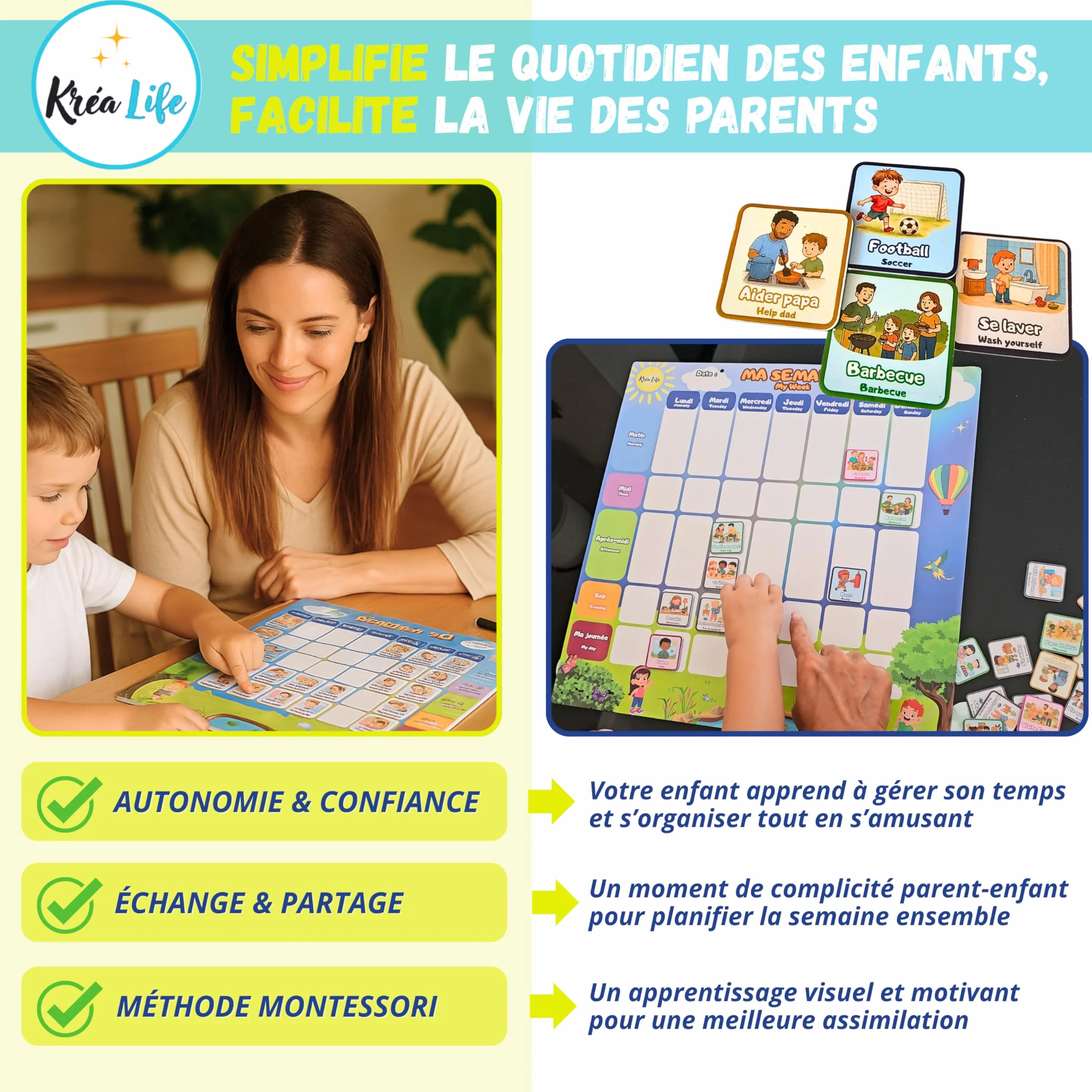 KréaLife® Planning Semaine Enfant Tableau Magnétique 40x40 cm +220 Aimants Colorés Éducatif Bilingue FR/EN