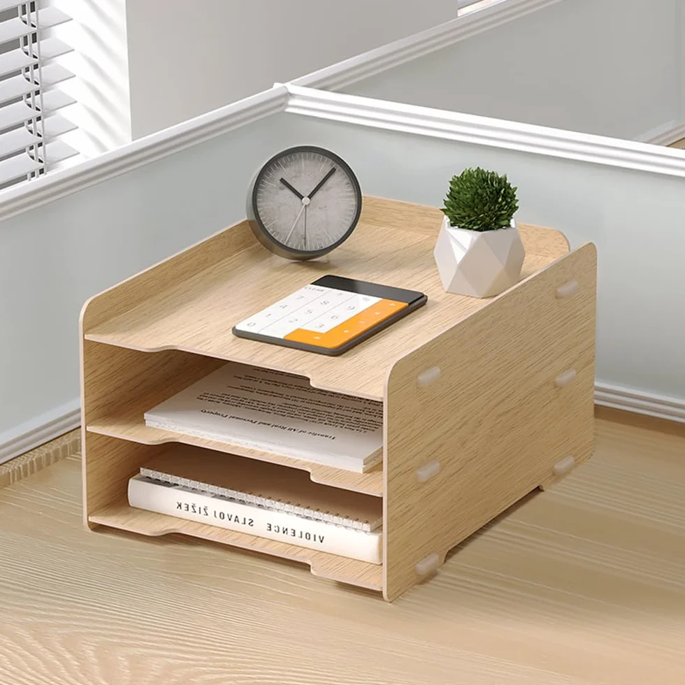 NUODWELL Ensemble de rangement de bureau en bois – Bac à courrier A4 3 niveaux, porte-documents, porte-stylos, organiseur de bureau (chêne)