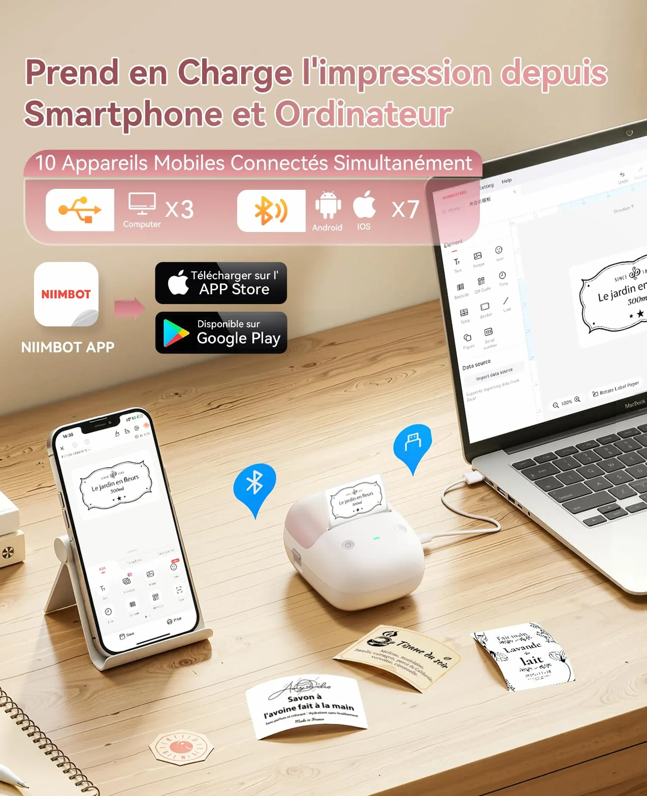 NIIMBOT B2 Étiqueteuse Portable Thermique sans Encre, Impression Hors Ligne, 50x30mm, Beige Abricot