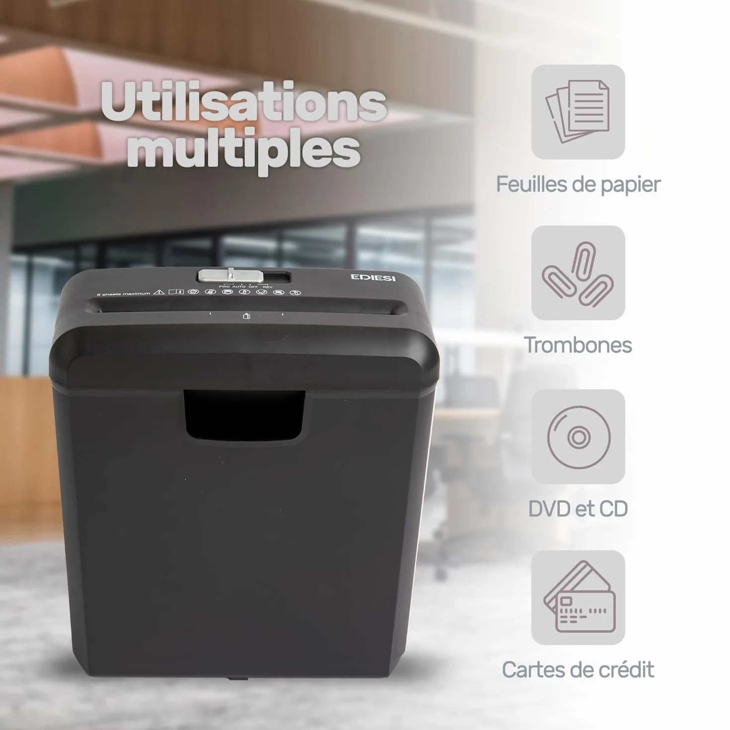 Destructeur de Documents 6 Feuilles pour Cartes de Crédit CD DVD Portable 10 Litres