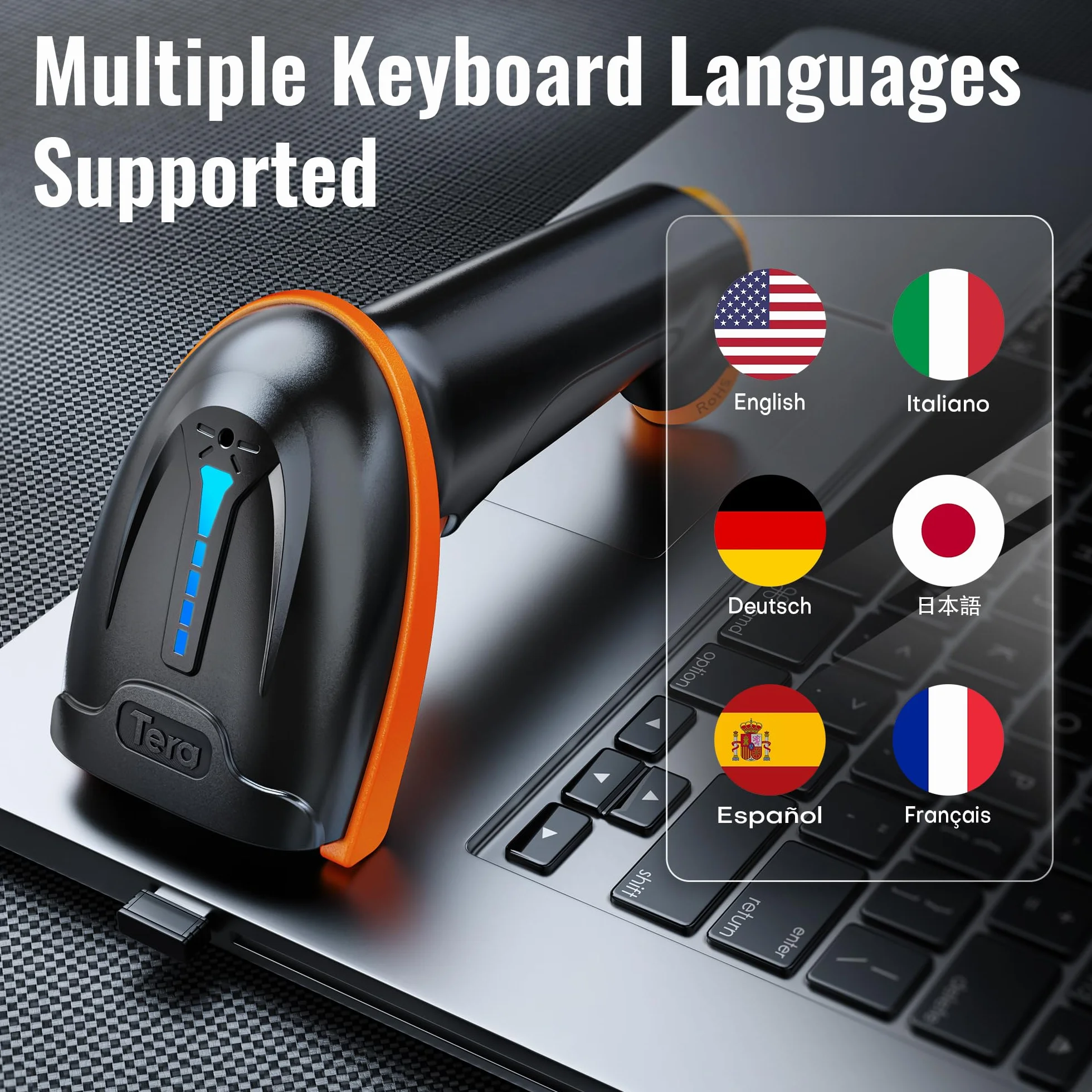 Tera Lecteur de Codes-Barres sans Fil 2,4 GHz Filaire USB 2.0 Douchette 1D Rechargeable Modèle 5100