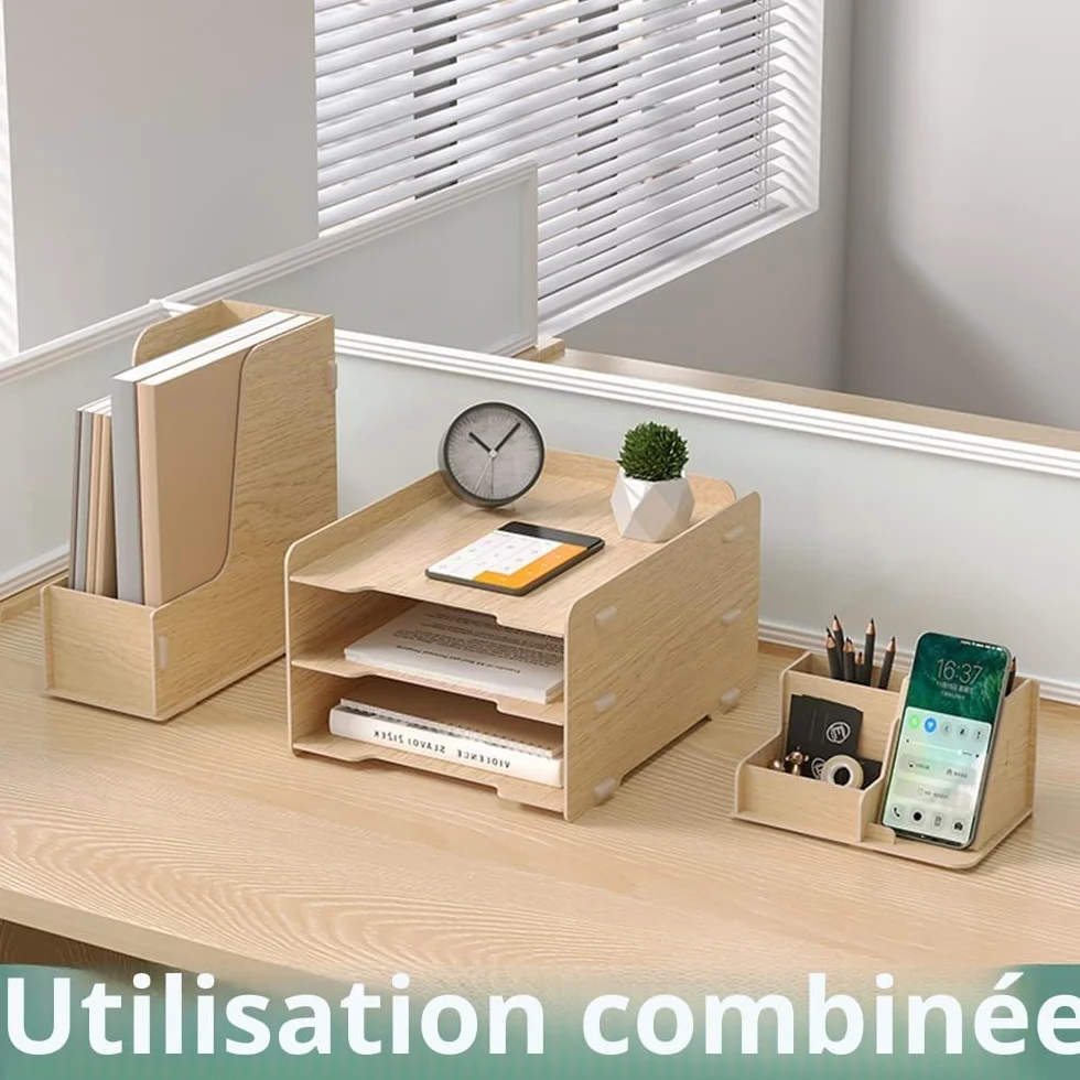 NUODWELL Ensemble de rangement de bureau en bois – Bac à courrier A4 3 niveaux, porte-documents, porte-stylos, organiseur de bureau (chêne)
