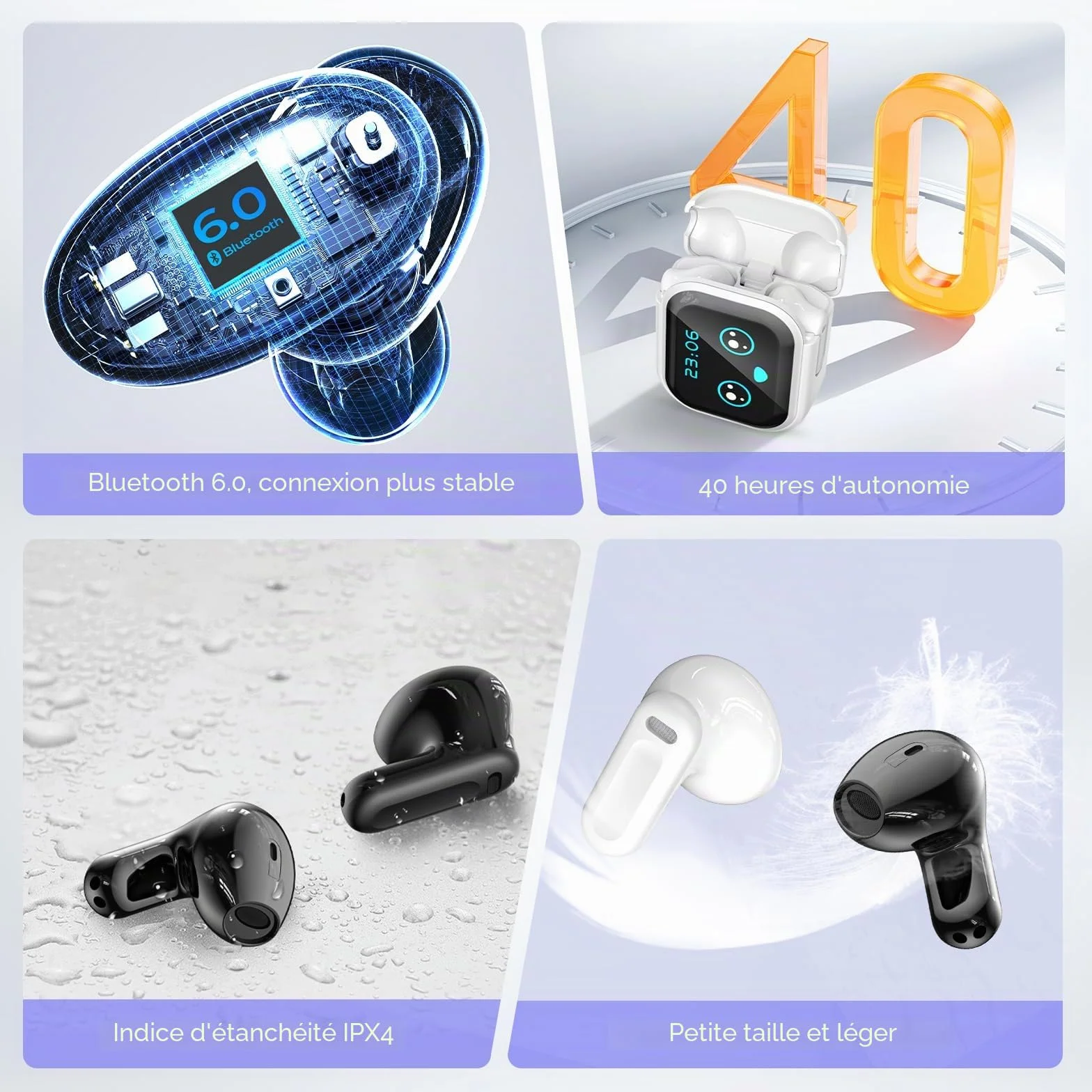 Traducteur Écouteur NE20 OWS Sans Fil 134 Langues IA Bluetooth 5.4 Écran LED Blanc