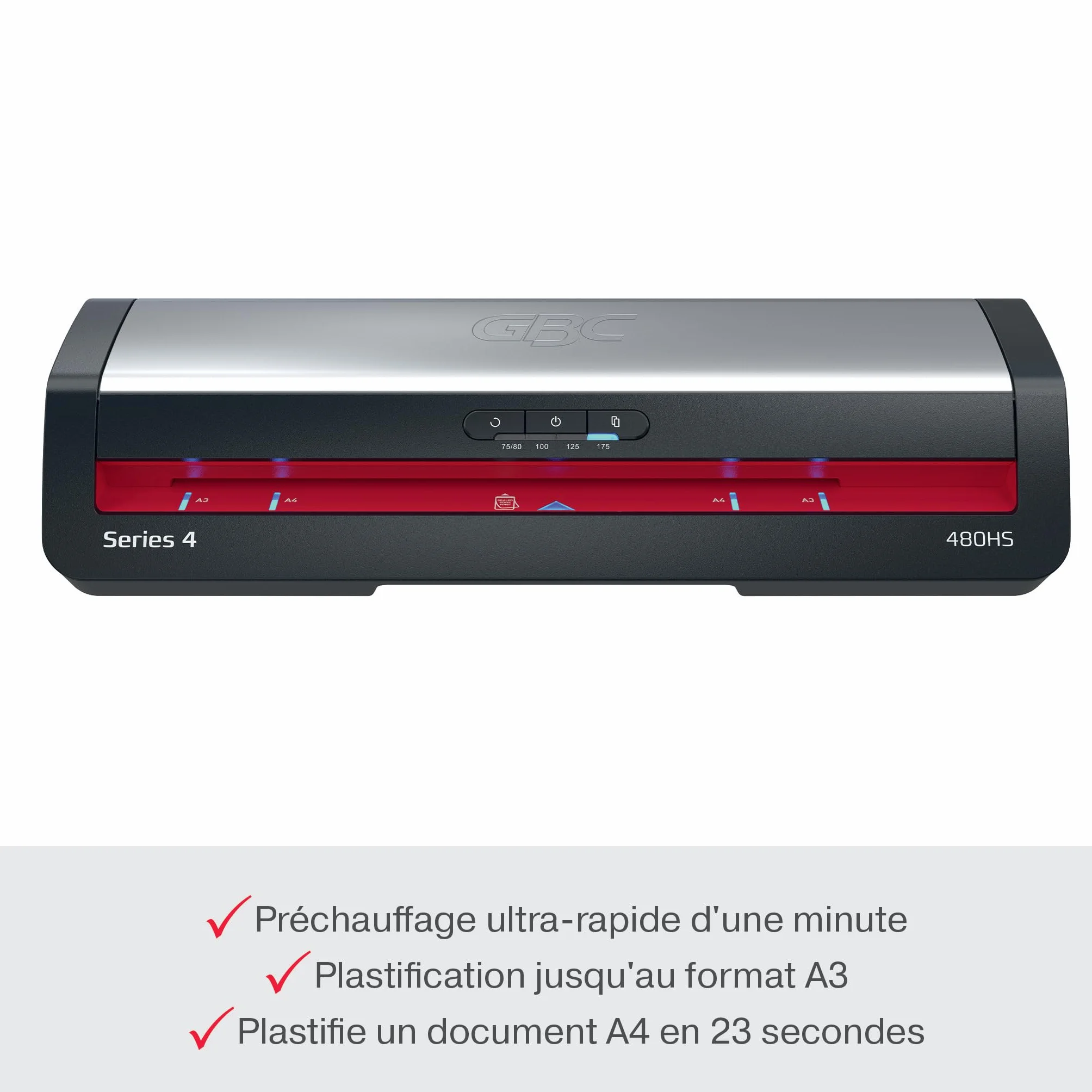 GBC Plastifieuse 480HS A3 Haute Vitesse 75-175 microns Anti-Bourrage Noir/Rouge