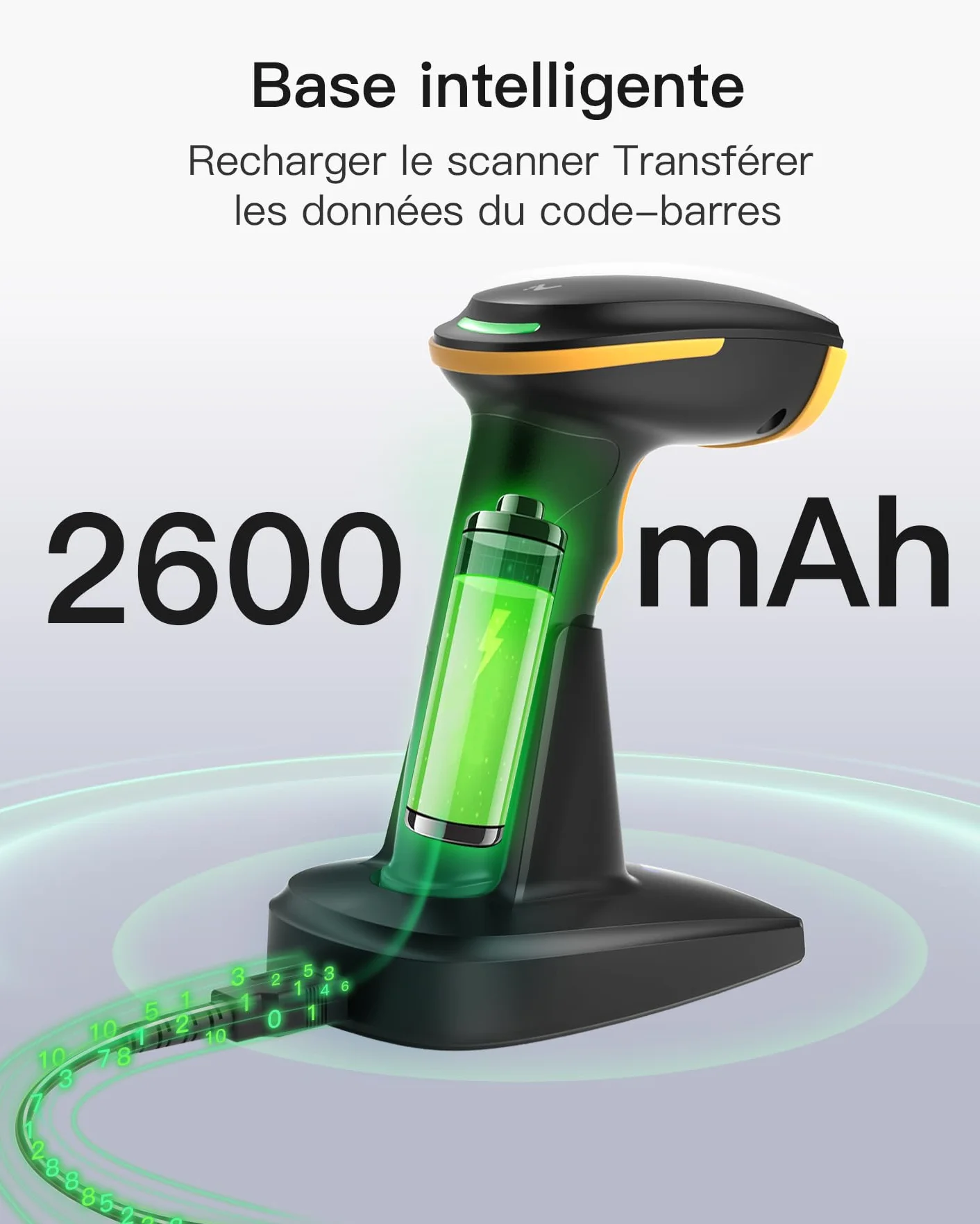 Inateck Scanner de Codes-Barres Bluetooth 2D sans Fil, QR Code 2D avec Batterie 2600 mAh et Base de Charge, BCST-36