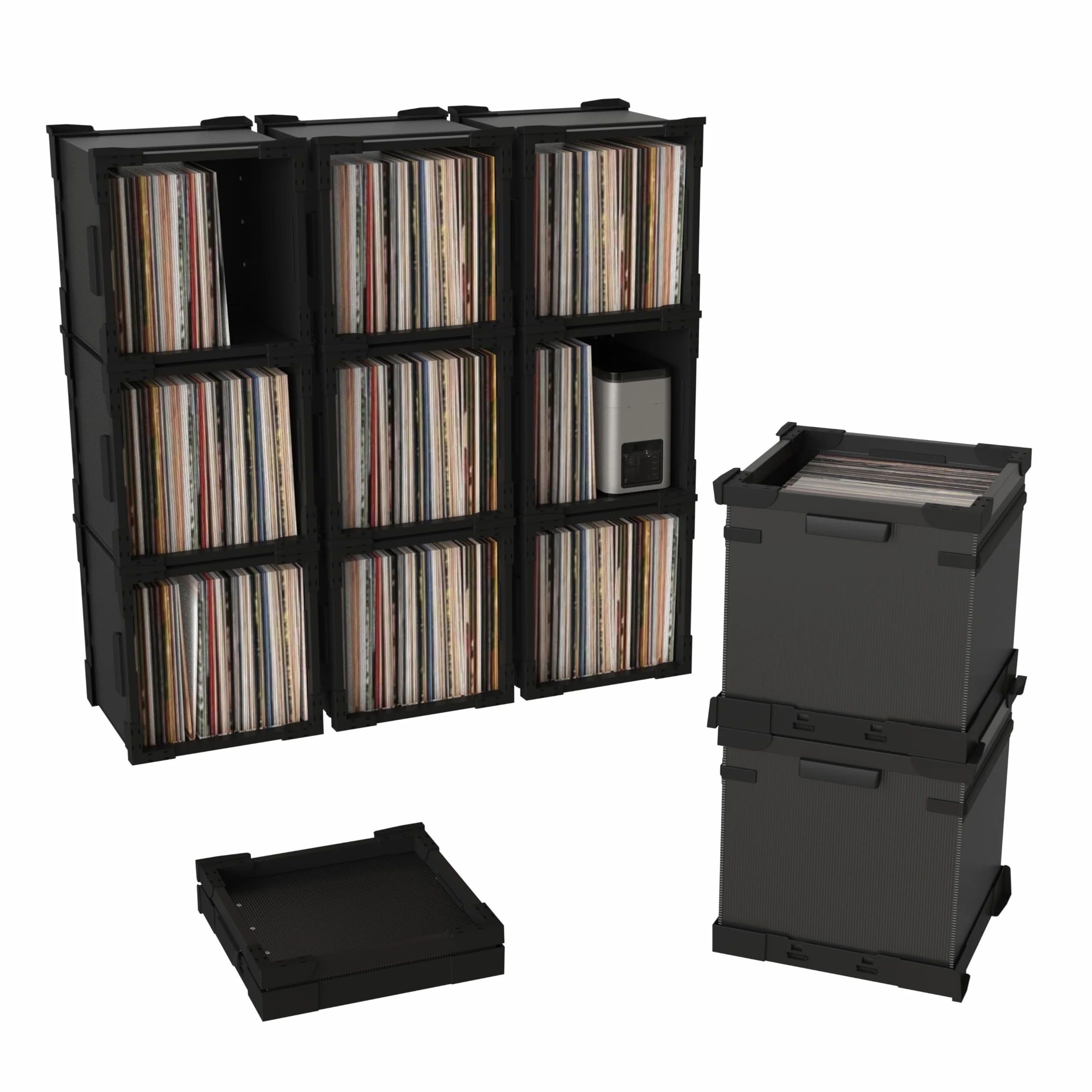 HumminGuru FlexiCube – Boîte de Rangement Empilable pour Disques Vinyles de 30,5 cm, Peut Contenir 70 Disques Vinyles | Étagère Modulaire en Vinyle et Caisse de Rangement Pliable (3 Cubes)