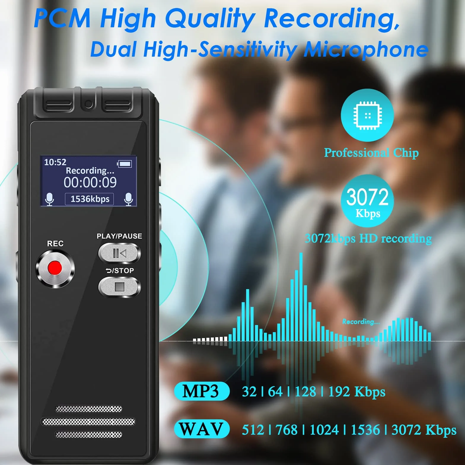 Aiworth Enregistreur Numérique à Commande Vocale 16 Go HD 3072 Kbps avec Microphone et Mot de Passe