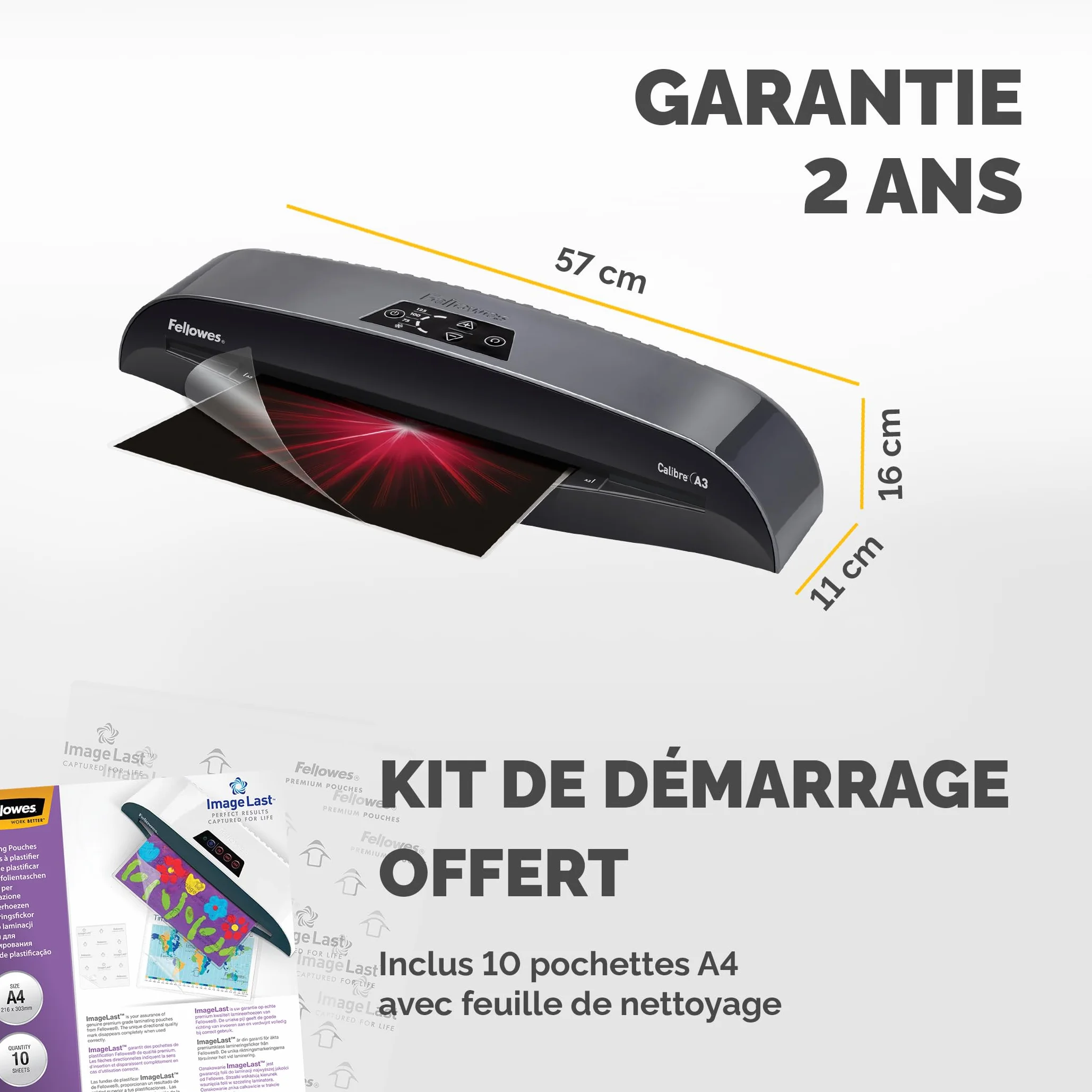 Fellowes Plastifieuse Calibre A3 80 à 125 microns Pack 10 pochettes