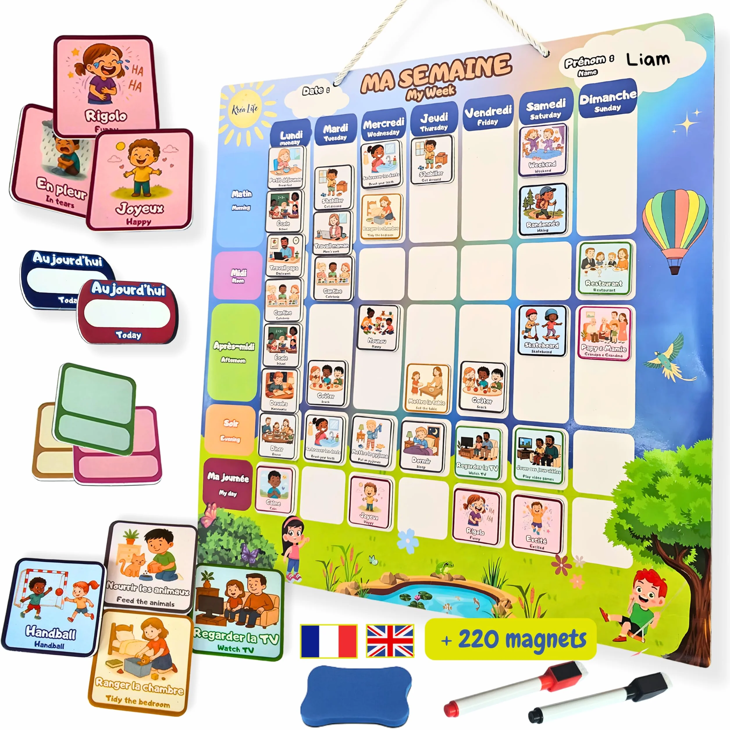 KréaLife® Planning Semaine Enfant Tableau Magnétique 40x40 cm +220 Aimants Colorés Éducatif Bilingue FR/EN