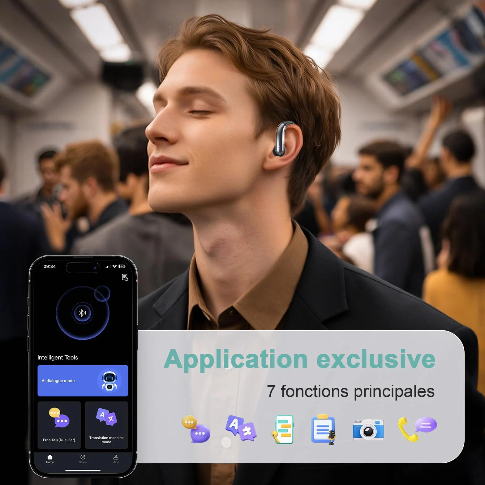 Casque Traducteur Intelligent 164 Langues 4 en 1 Ouvert 7 Modes Traduction Musique Sport Apprentissage Voyage