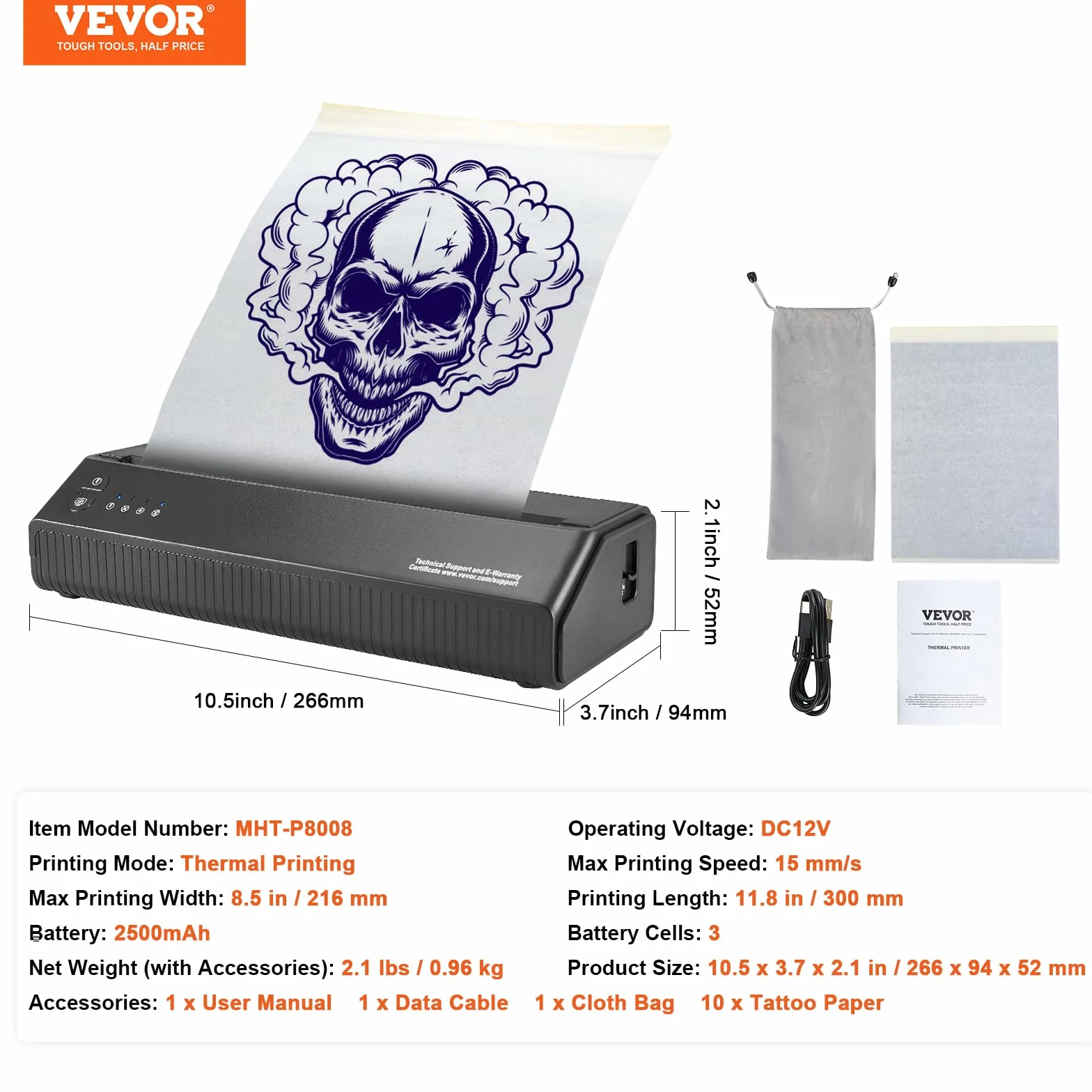 VEVOR Thermocopieur Tatouage sans Fil Bluetooth, Imprimante Tatouage avec 10 Papiers, Machine Transfert Tatouage iOS Android iPad PC