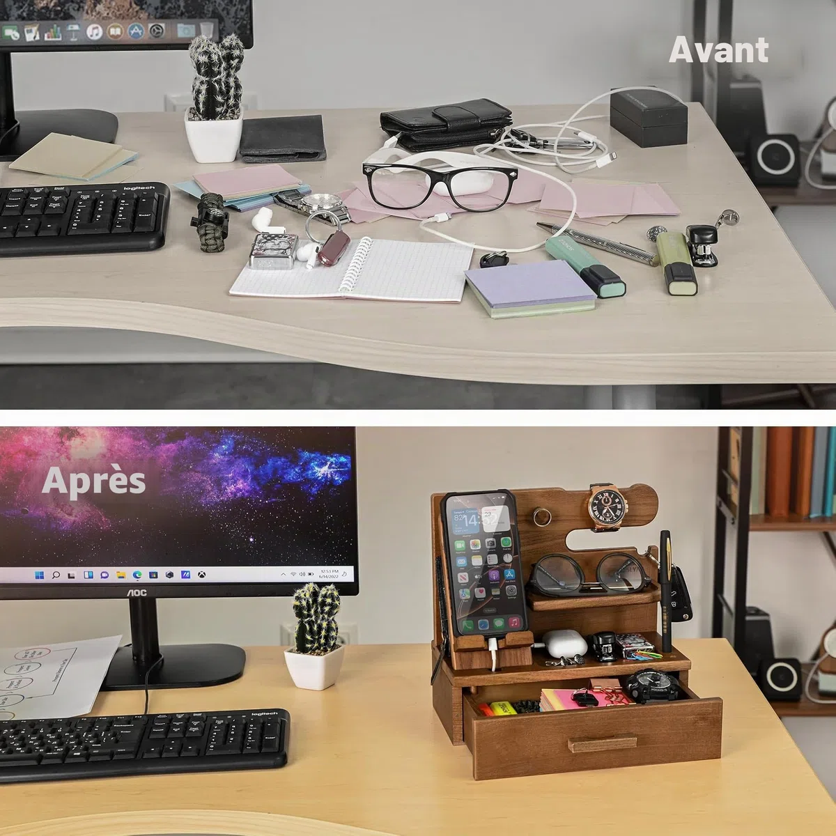TESLYAR Station d'accueil pour téléphone en bois avec tiroir, organisateur de table de chevet, organisateur de bureau pour mari, cadeau d'anniversaire pour homme, papa, idée d'anniversaire, porte-clés