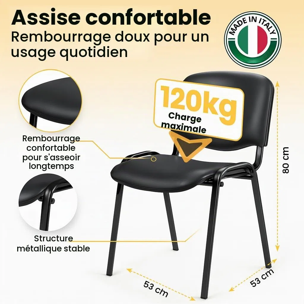 Topsit Lot de 4 Chaises Visiteur, chaises de conférence Structure en métal, rembourées et avec revêtement en Similicuir, Chaise empilable, pour la Maison, Le Bureau, la réception, Les Pauses.