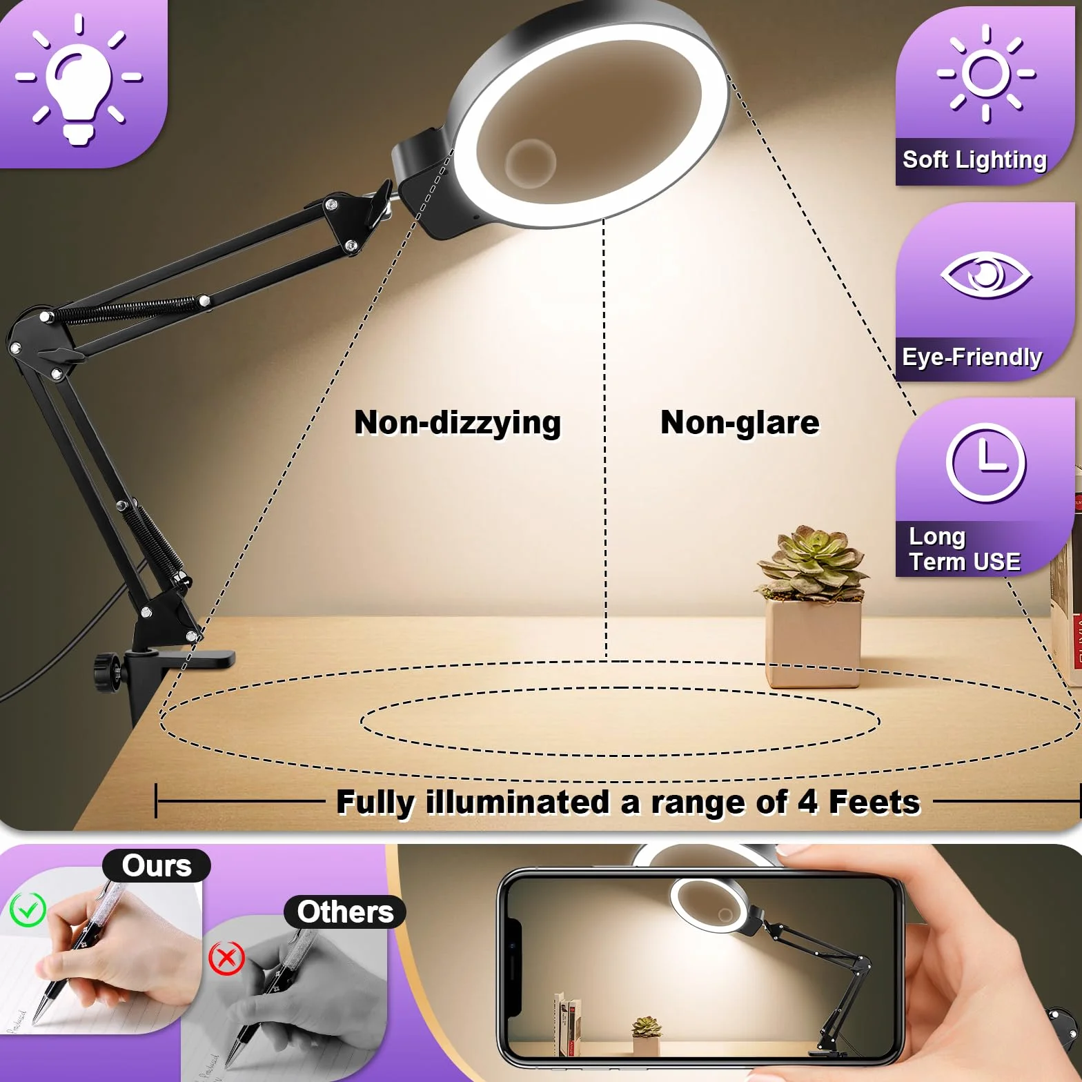 Loupe avec Lumière 36 LED 3 Modes de Couleur Mains Libres pour Lecture Artisanat