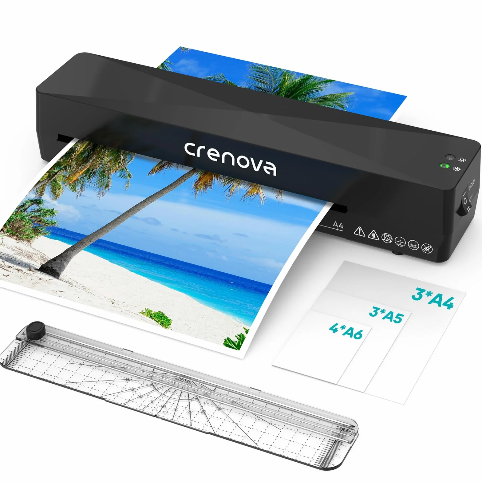 Crenova Plastifieuse A4/A5/A6, Modes Chaud et Froid, Massicot Intégré, Anti-Bourrage, Préparation Rapide, Noir