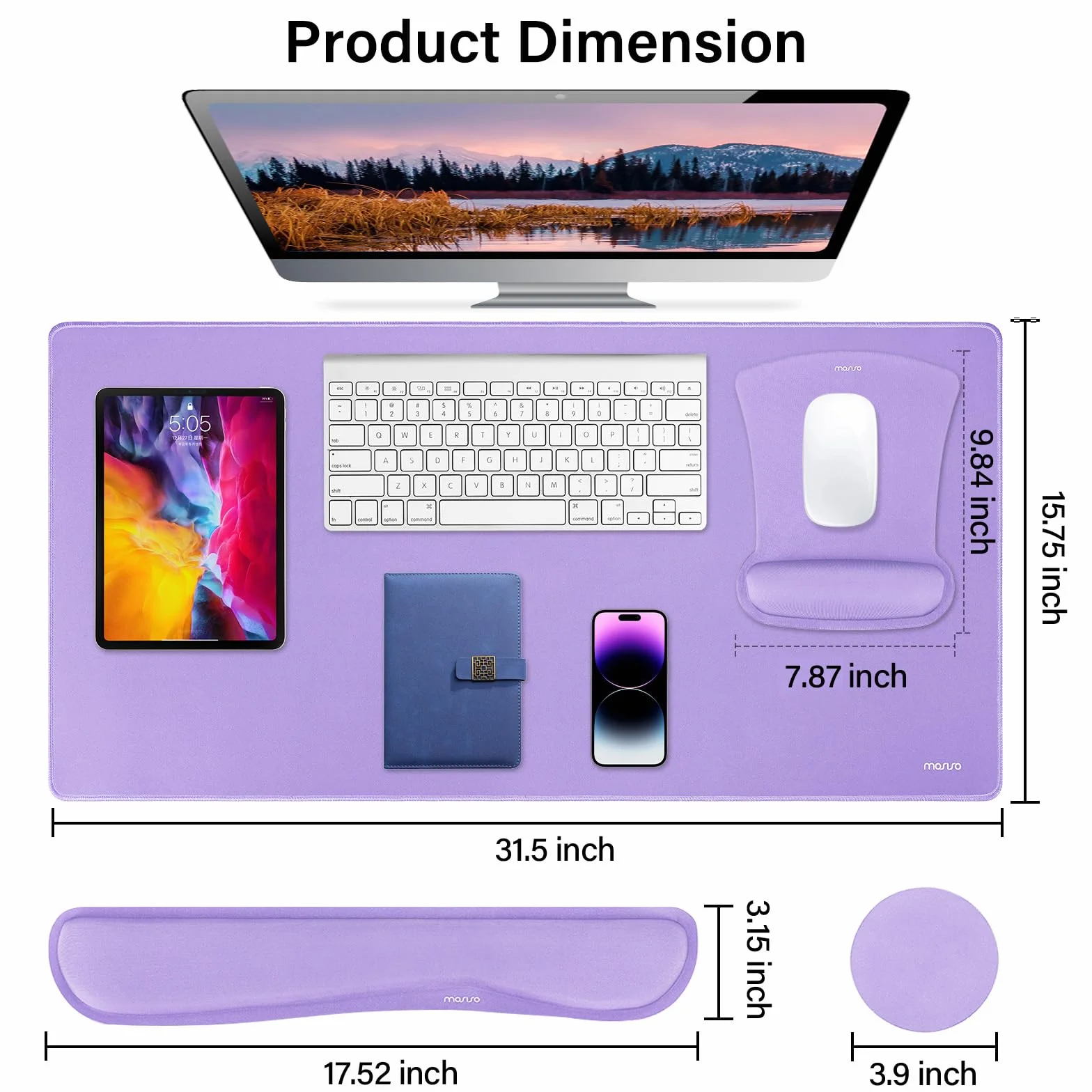 MOSISO Grand Tapis de Souris Gamer avec Repose Poignet, Antidérapant Mémoire Mousse, Violet