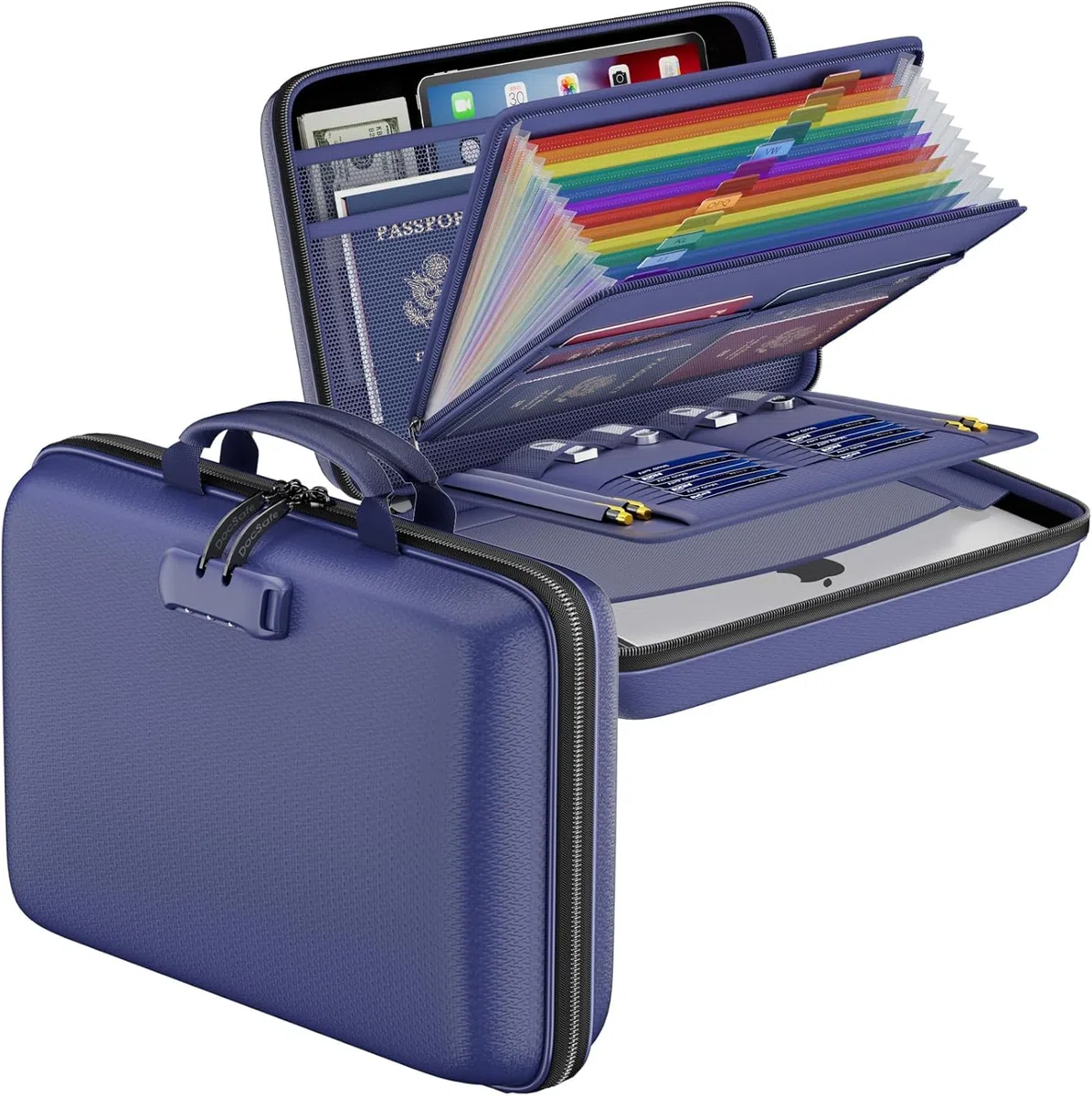 DocSafe Organiseur de fichiers ignifuge avec serrure, boîte à documents à coque rigide, classeur à 13 poches extensibles, organisateur de documents portable et imperméable, classeur de classement pour