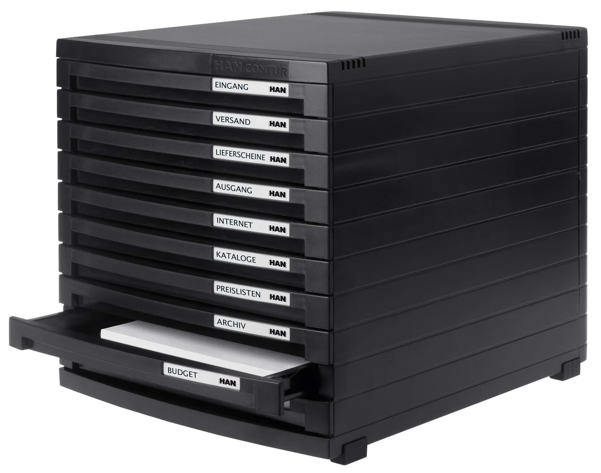HAN Module à tiroirs CONTUR – système de classement moderne et modulaire, extensible, avec 10 tiroirs fermés pour documents jusqu´au format B4, noir, 1510-13