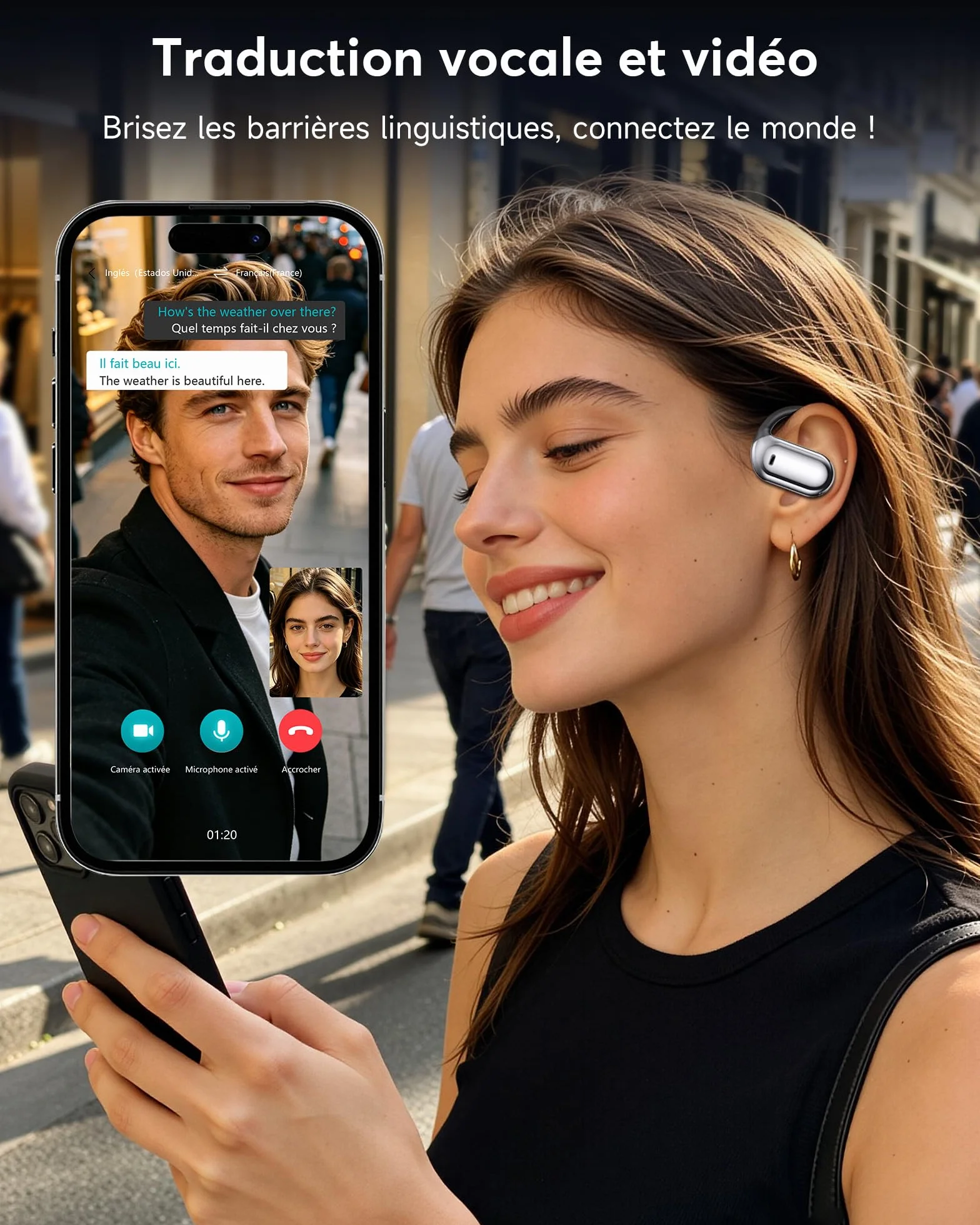 AI Ecouteur Traducteur Instantané Bluetooth 6.1, 3 en 1 198 Langues 8 Modes Traduction avec APP, 80H Oreillette Noir