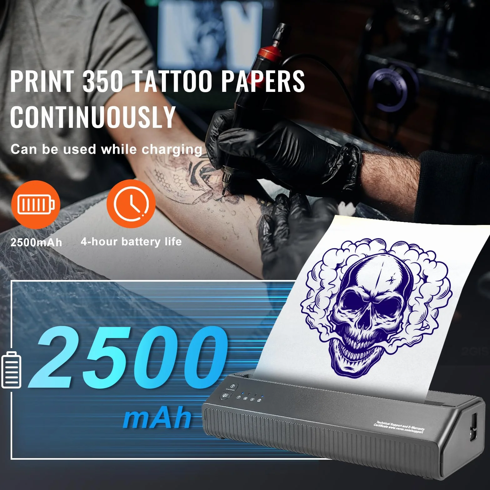 VEVOR Thermocopieur Tatouage sans Fil Bluetooth, Imprimante Tatouage avec 10 Papiers, Machine Transfert Tatouage iOS Android iPad PC