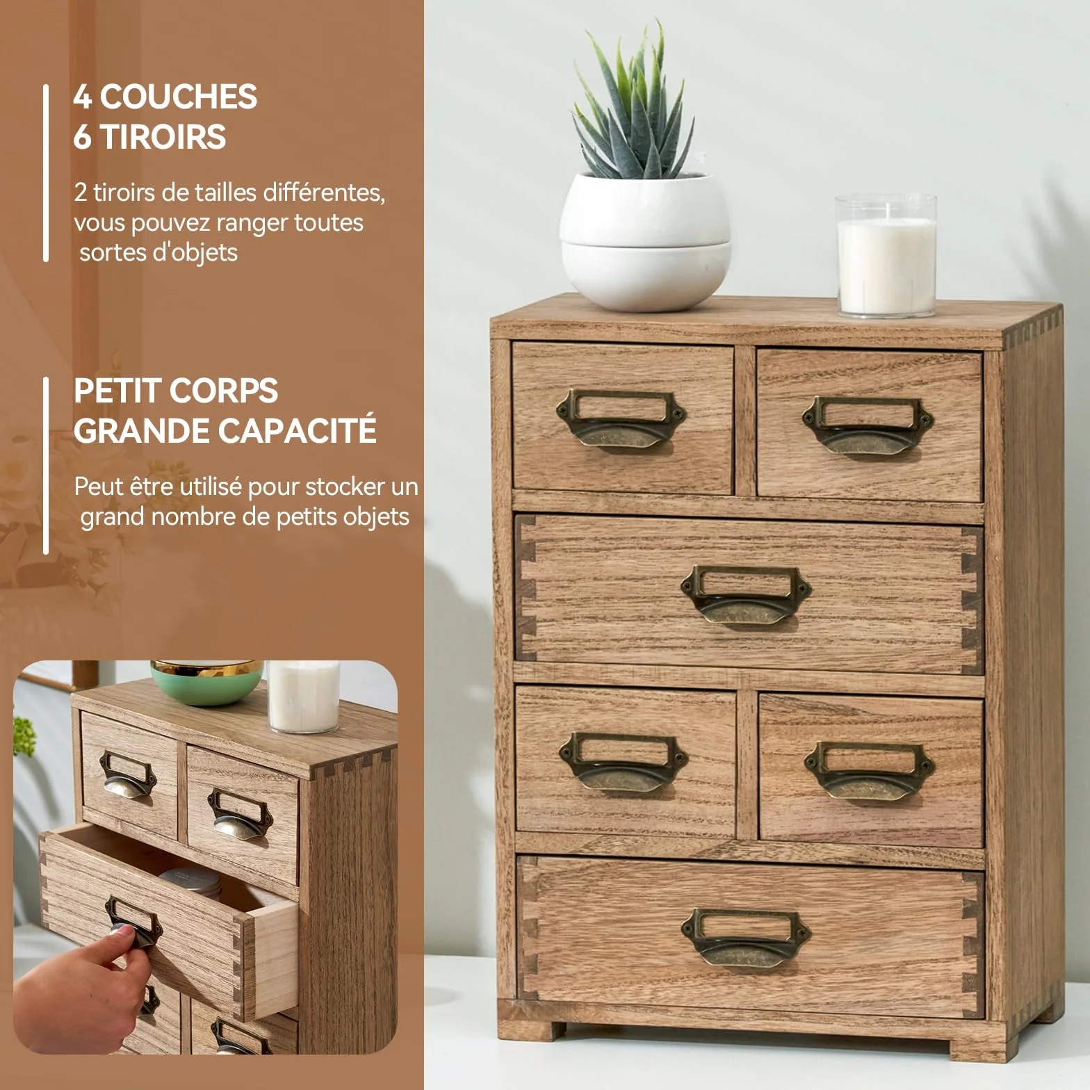 KIRIGEN Boîte de rangement en bois massif 4 étages Organisateur de bureau tiroir multifonctionnel brun