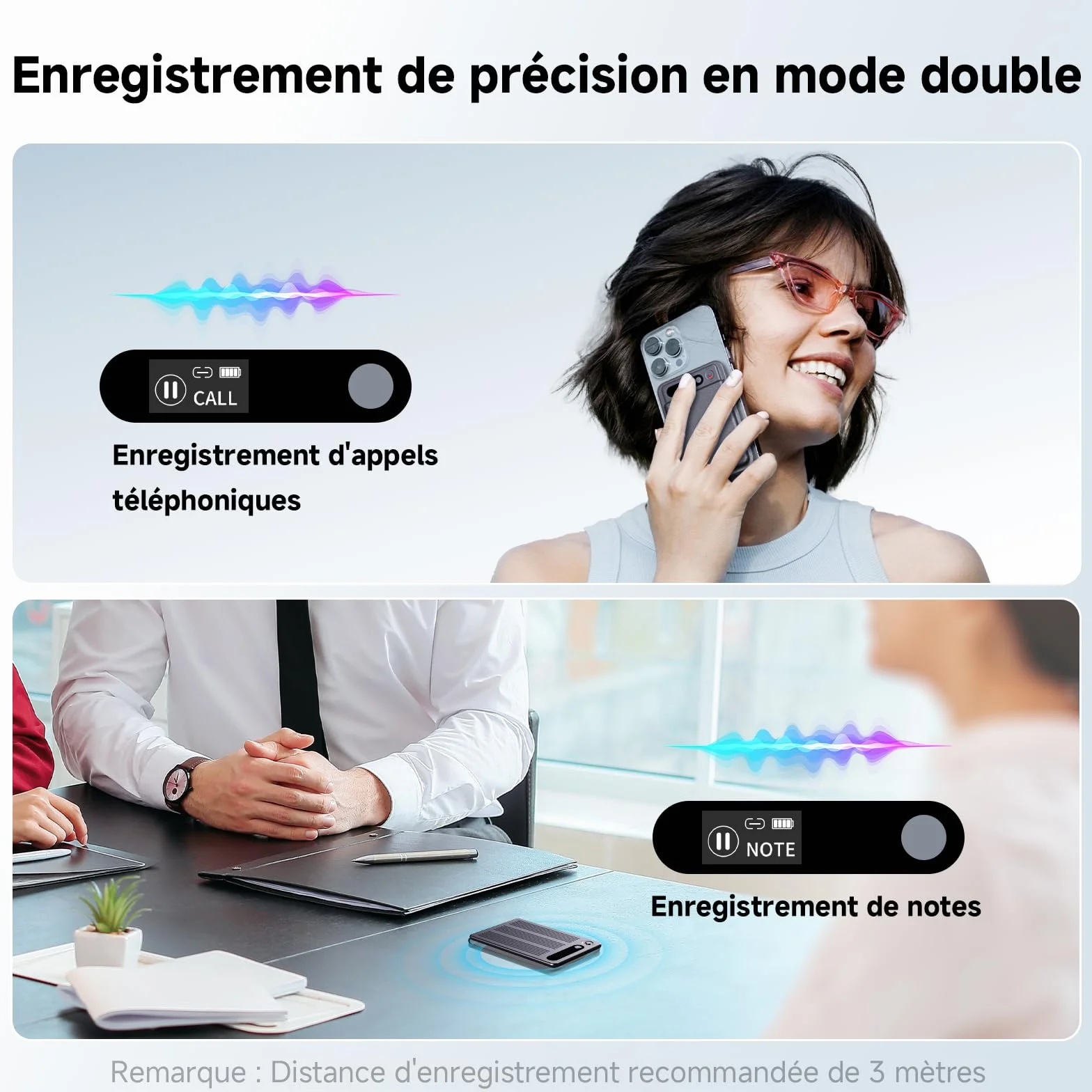 Enregistreur Vocal IA avec Étui magnétique Dictaphone - Contrôle par App, Traducteur & Transcription & résumé, 80+ Langues pour Conférences Appels