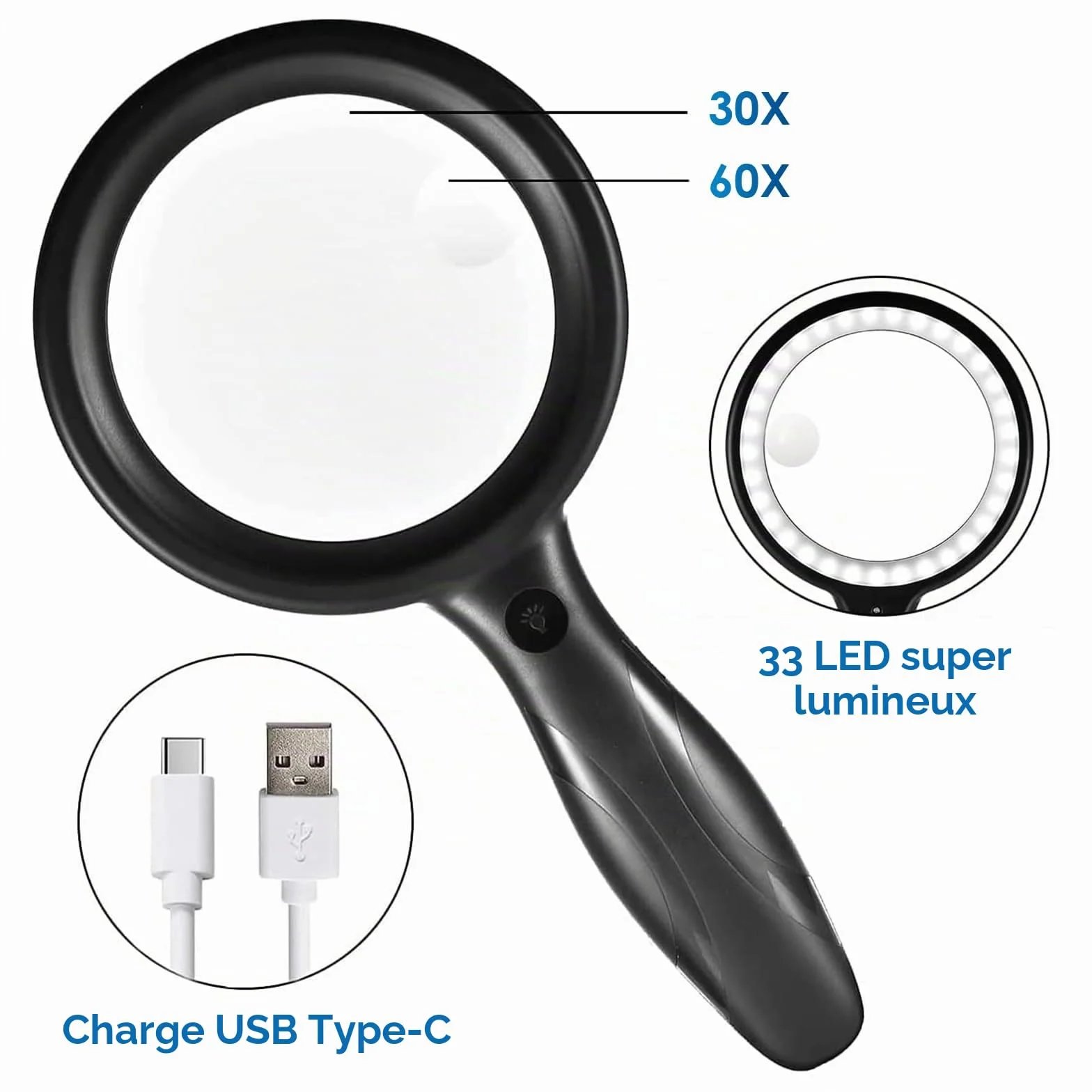 Loupe de Lecture 60X 30X 33LED USB Rechargeable avec Lumière 3 Modes