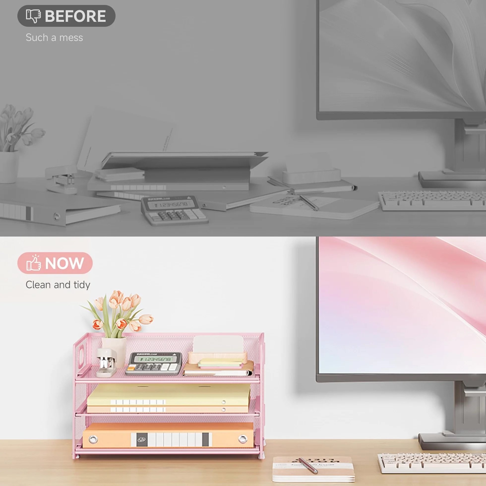 VITVITI Organiseur de Bureau 3 Étages avec Poignée, Pochette A4, Rangement Treillis Métallique Rose