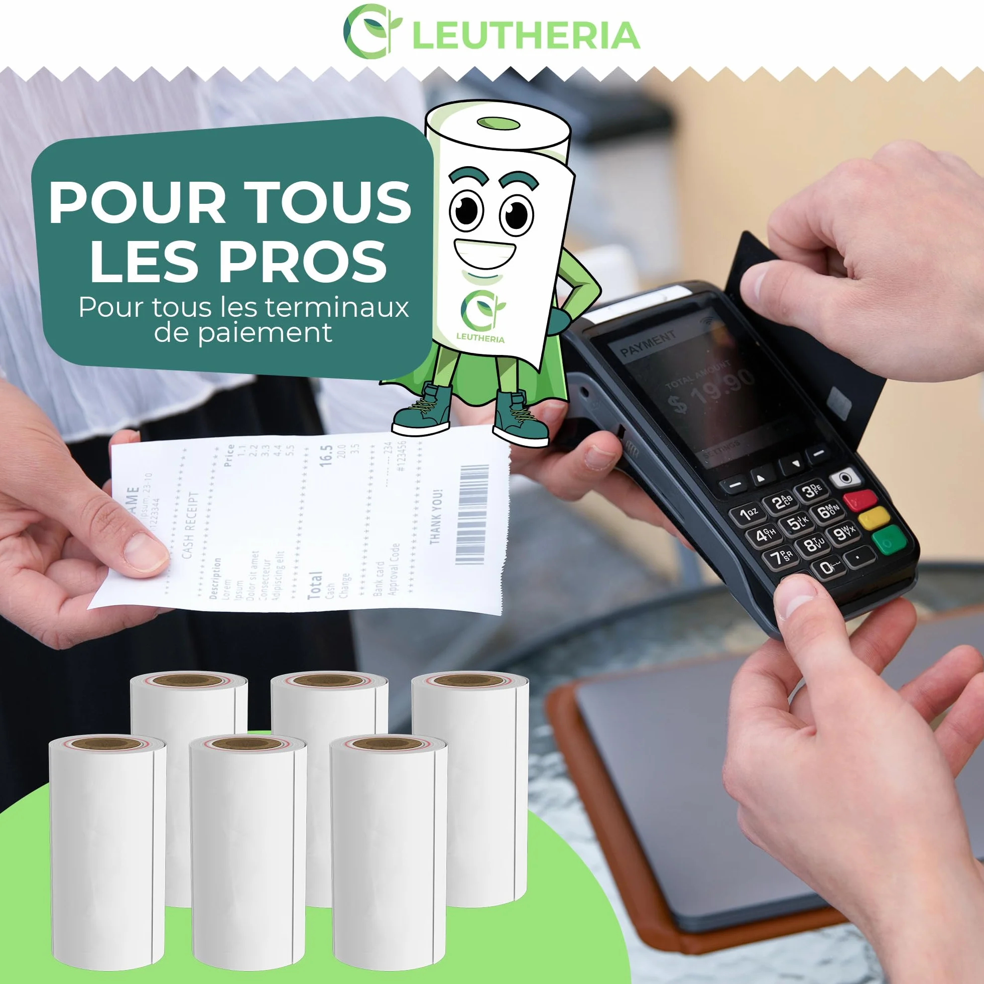 Bobines papier thermique 57x30x12mm sans BPA pour carte bleue ticket de caisse rouleaux CB